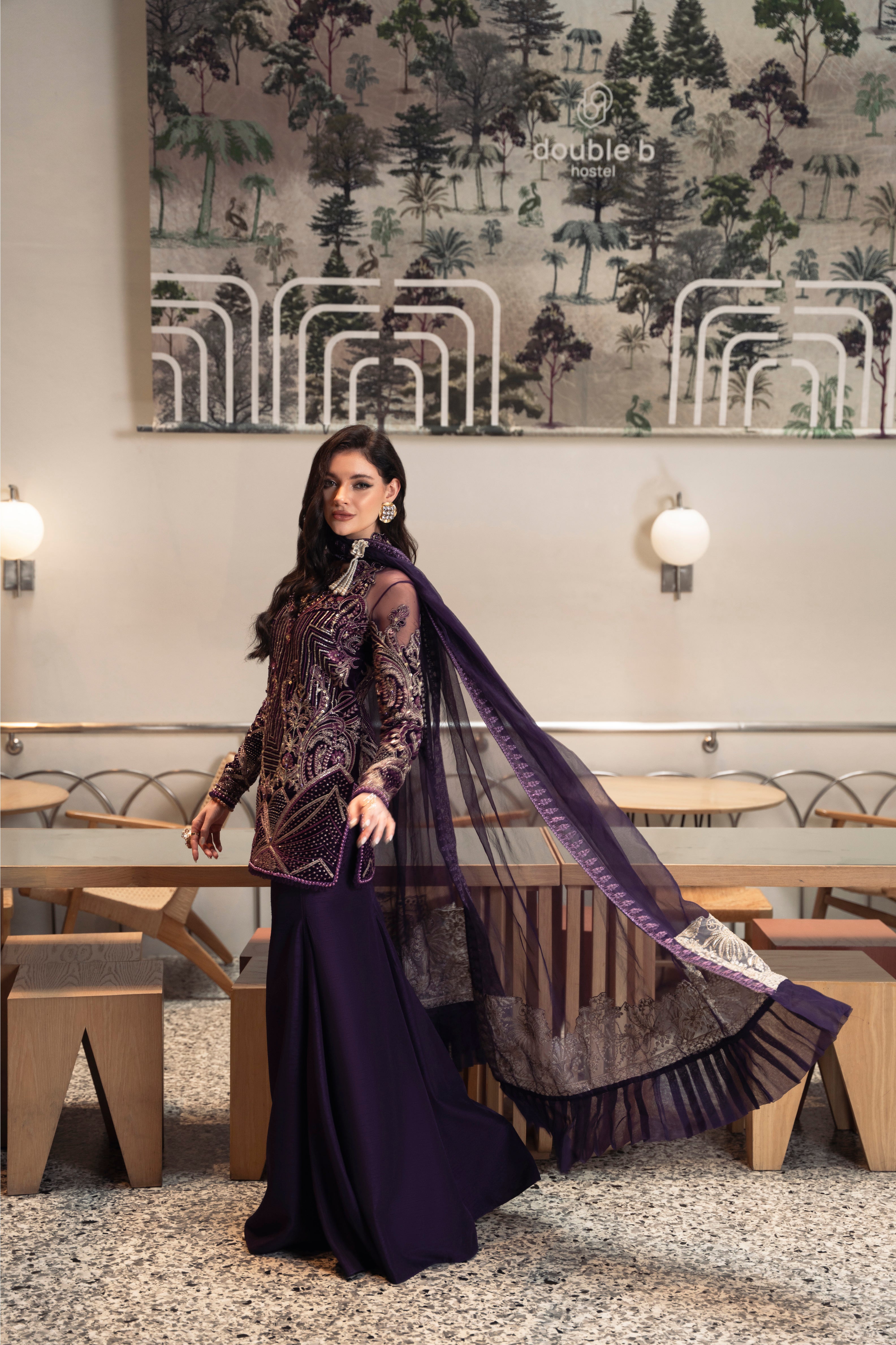 Talia Velvet Shirt & Raw Silk Pant Dress by Mysie by Tahira – Purple Velvet Pakistani Designer Dress