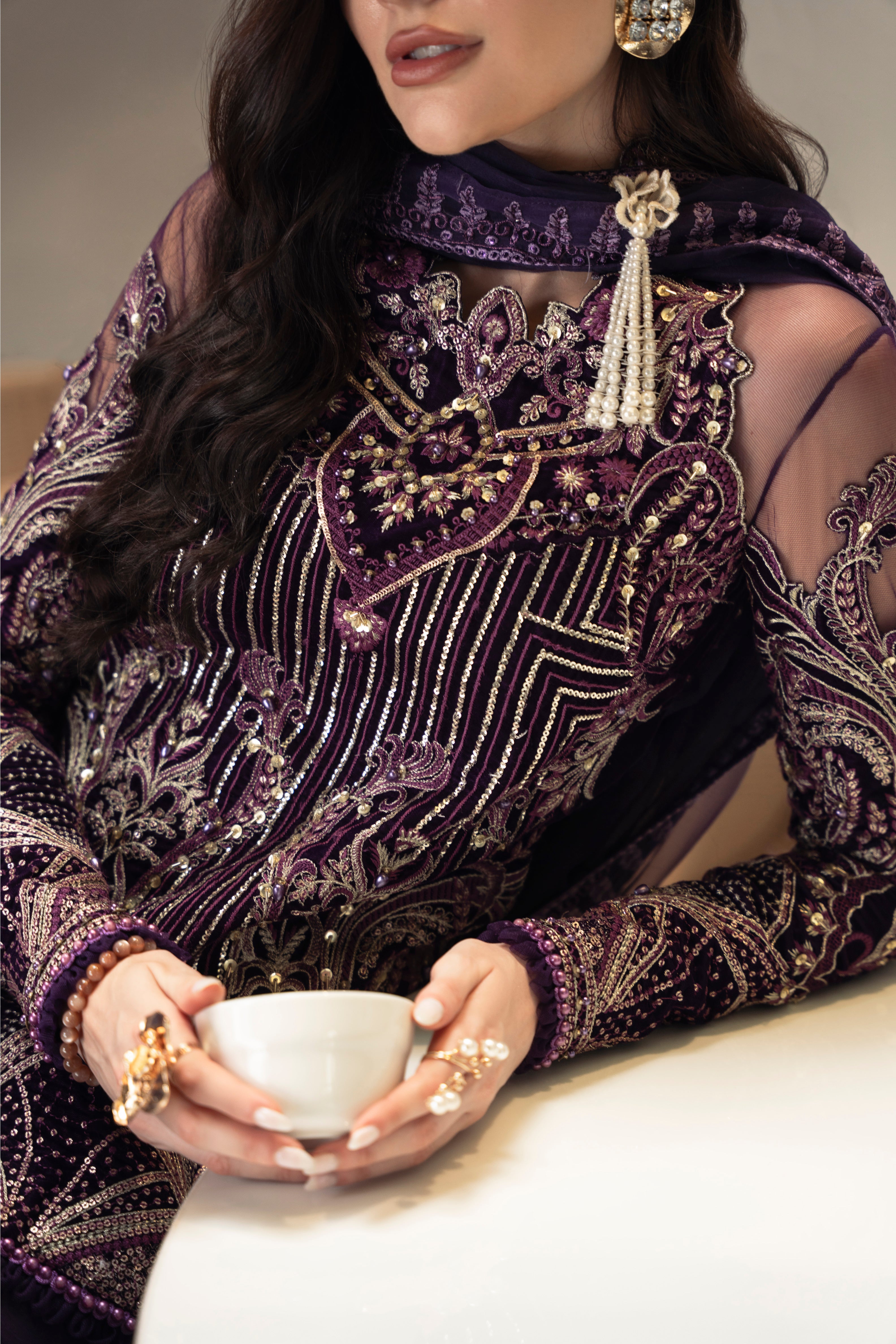 Talia Velvet Shirt & Raw Silk Pant Dress by Mysie by Tahira – Purple Velvet Pakistani Designer Dress