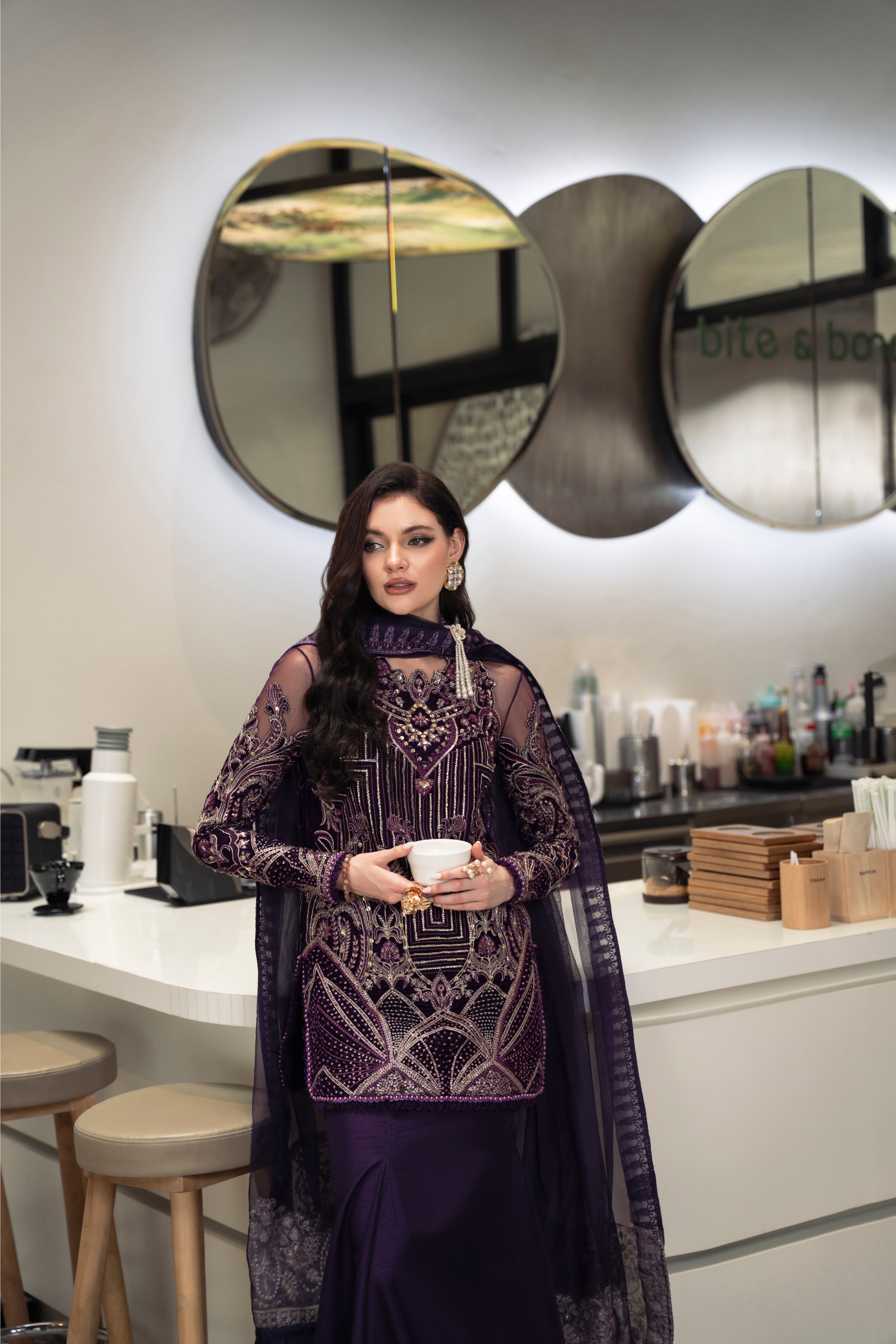 Talia Velvet Shirt & Raw Silk Pant Dress by Mysie by Tahira – Purple Velvet Pakistani Designer Dress