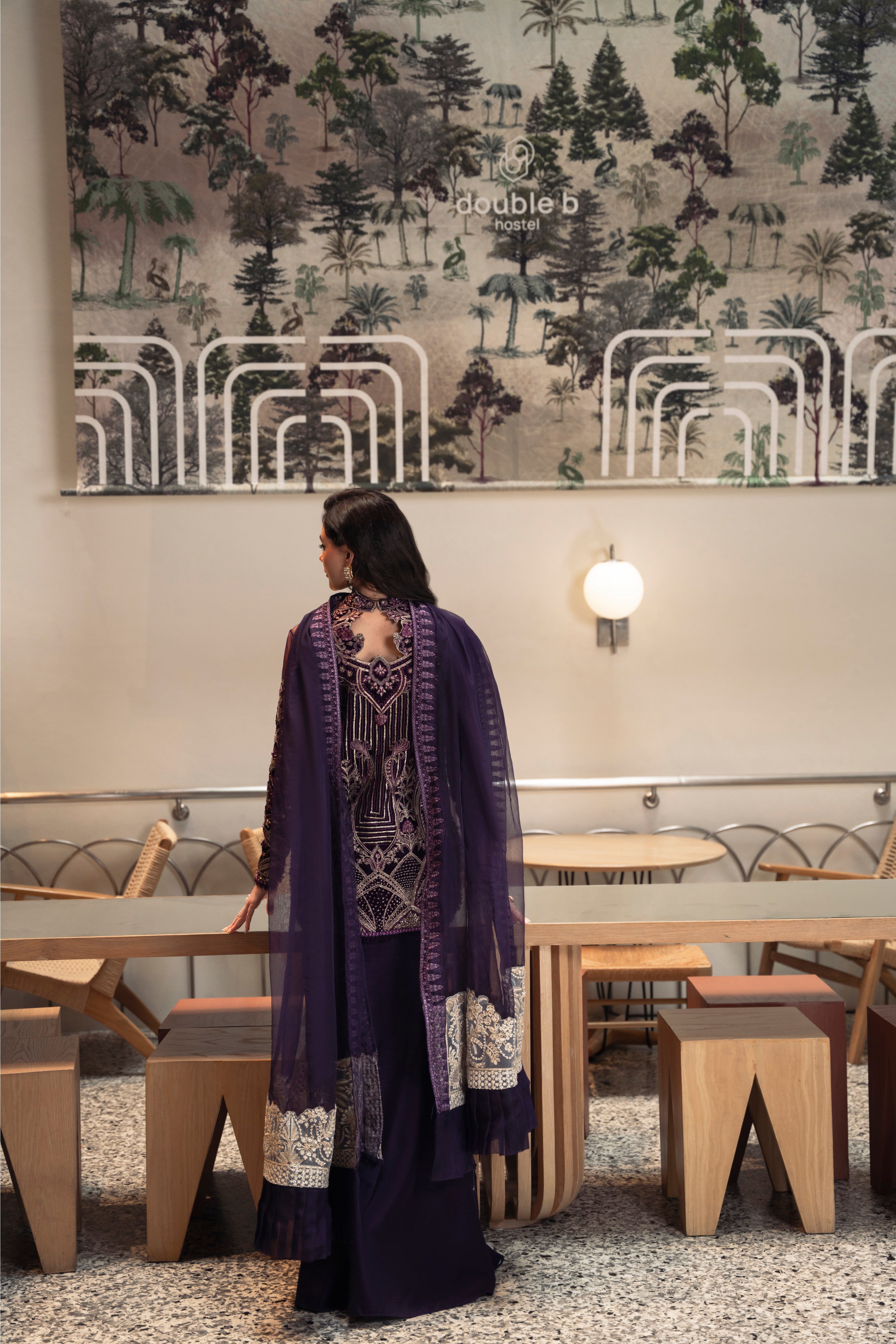 Talia Velvet Shirt & Raw Silk Pant Dress by Mysie by Tahira – Purple Velvet Pakistani Designer Dress