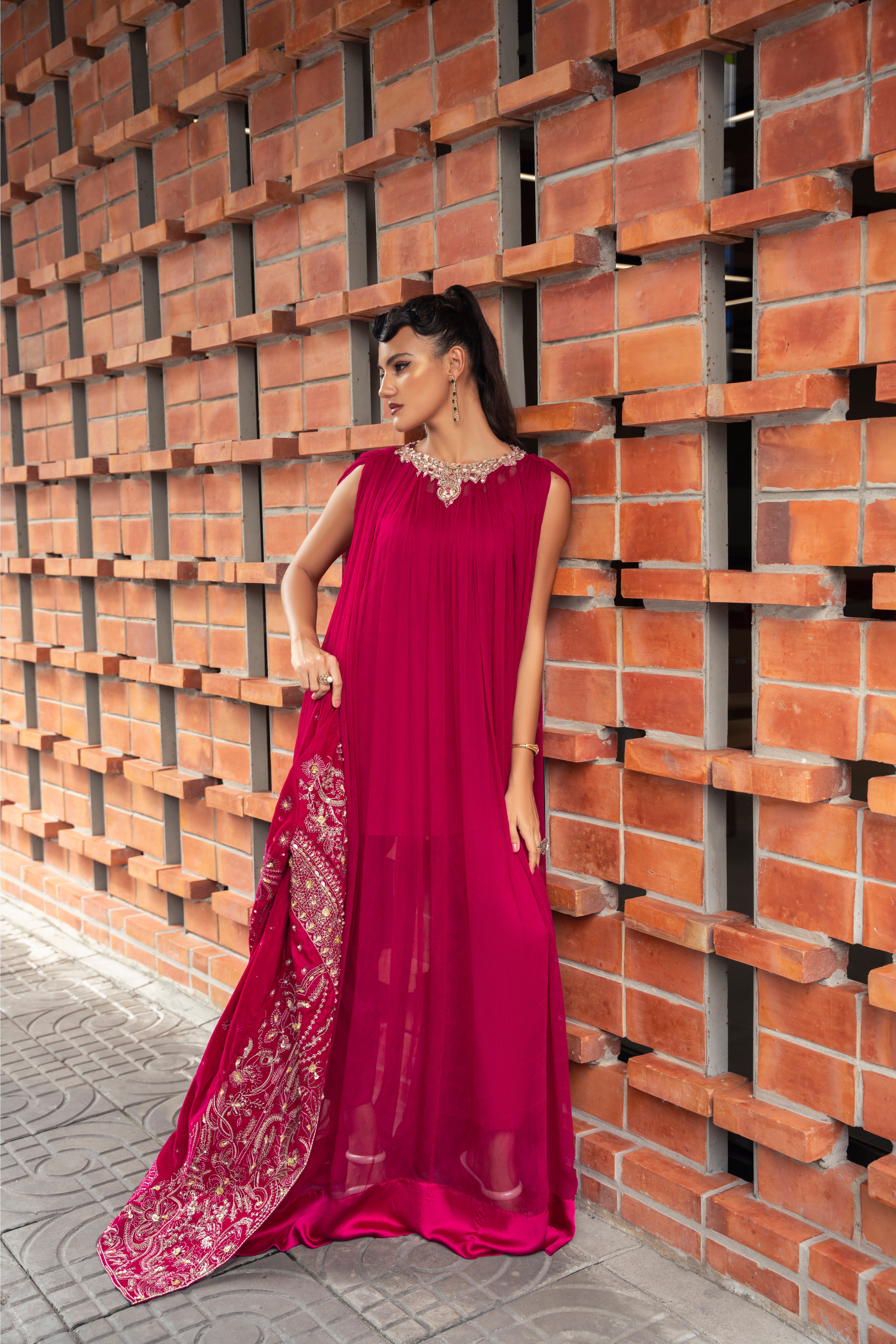 Eve Velvet Jacket & Chiffon Inner Set by Mysie by Tahira - Fuchsia Velvet Designer Jacket