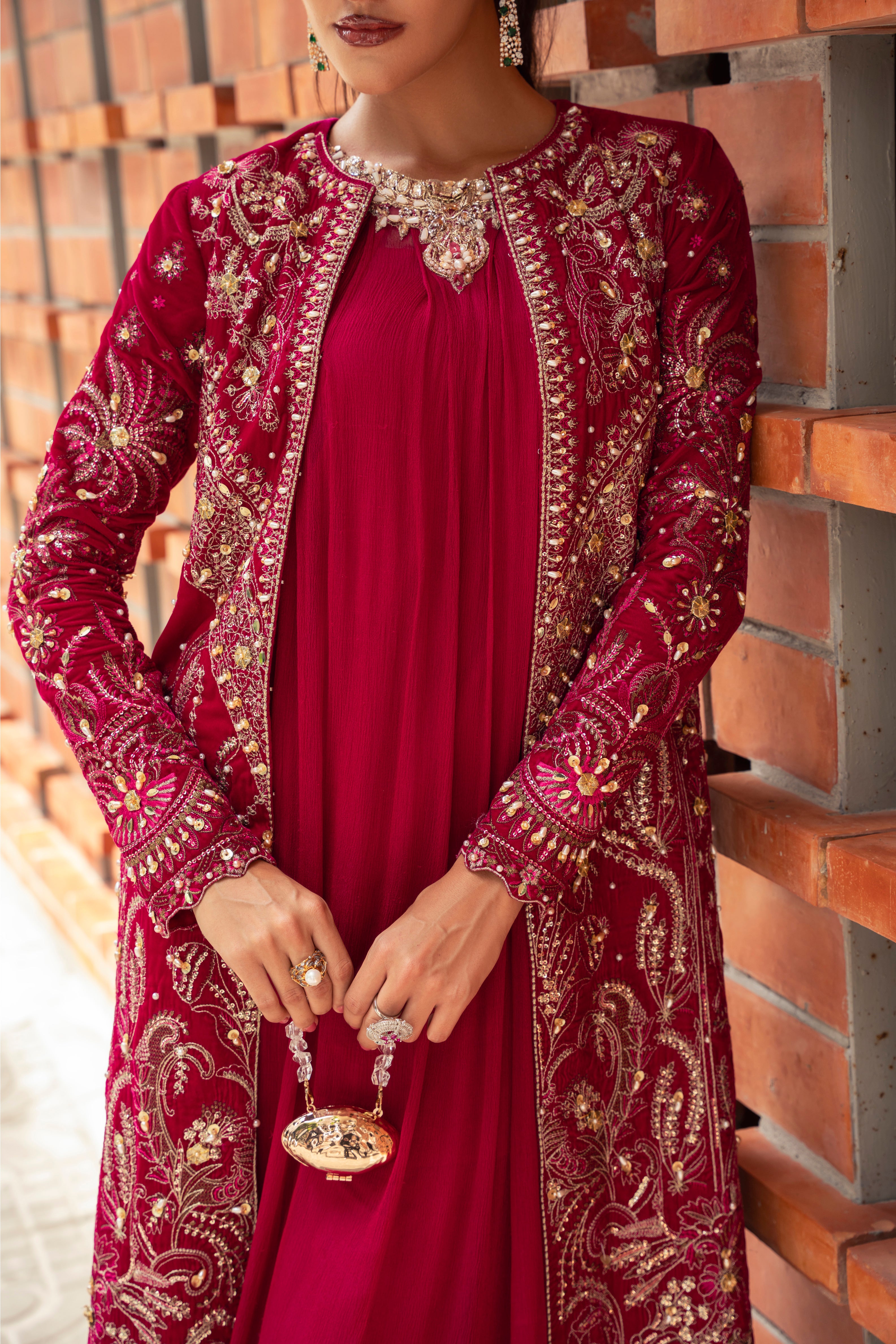 Eve Velvet Jacket & Chiffon Inner Set by Mysie by Tahira - Fuchsia Velvet Designer Jacket