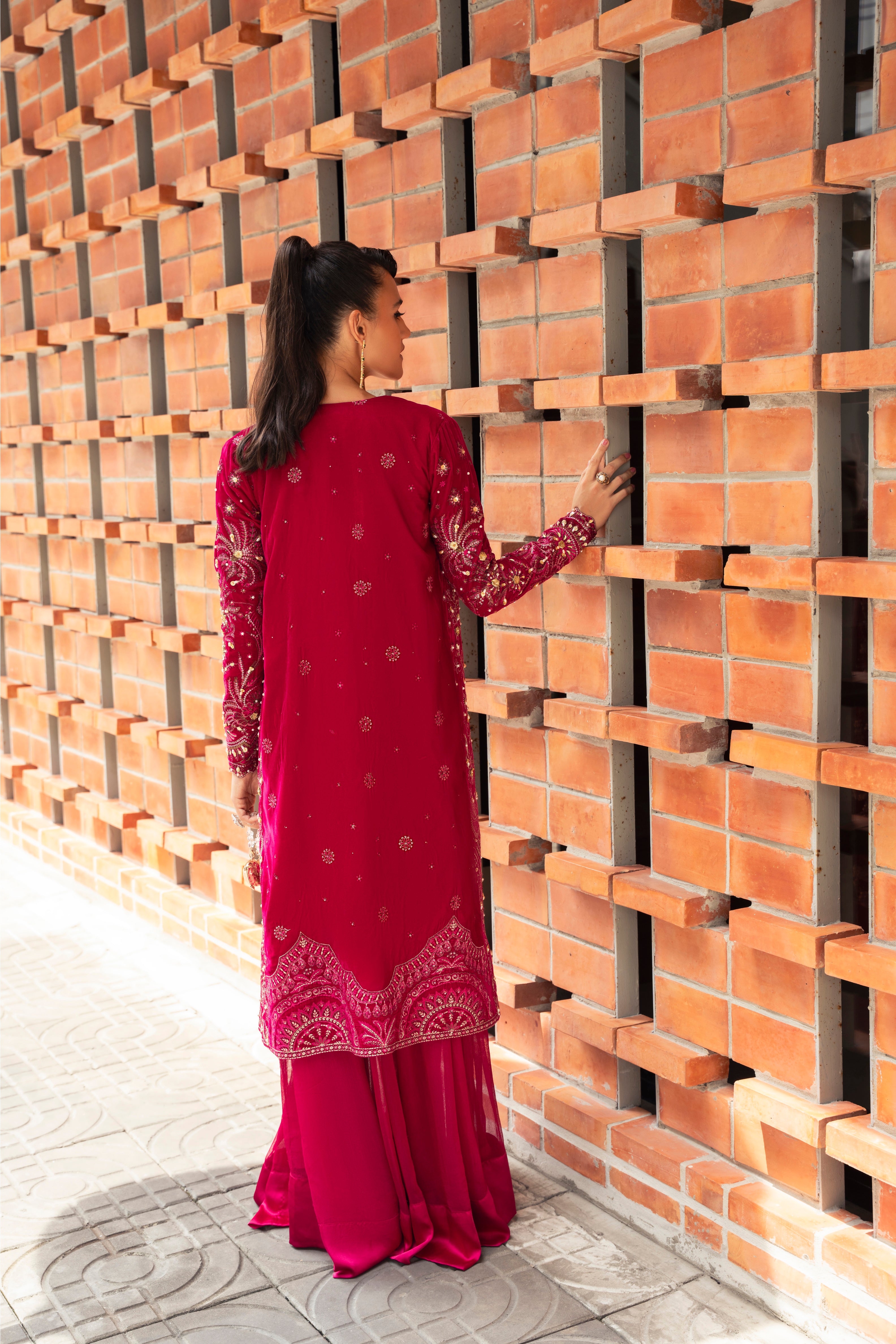 Eve Velvet Jacket & Chiffon Inner Set by Mysie by Tahira - Fuchsia Velvet Designer Jacket