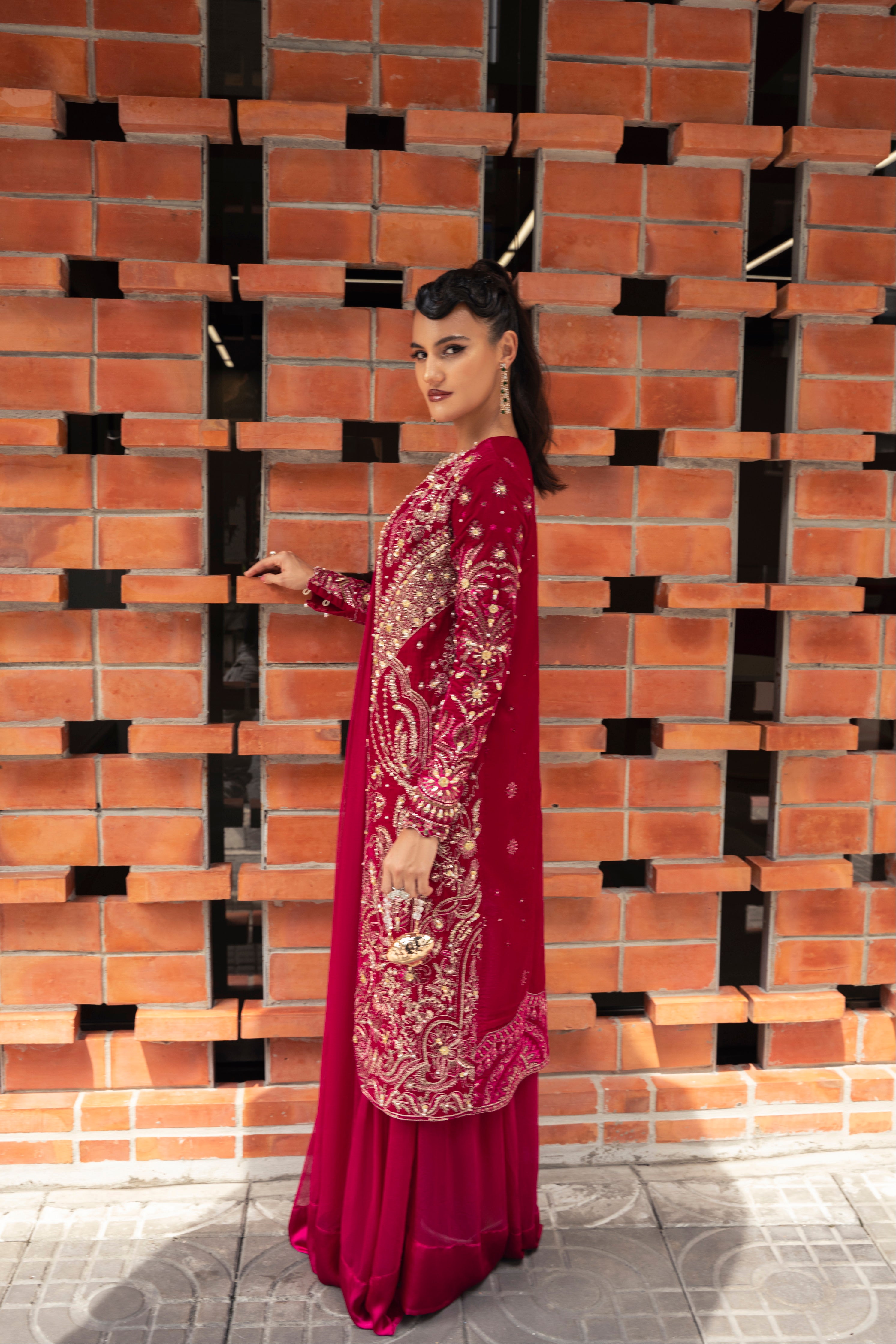 Eve Velvet Jacket & Chiffon Inner Set by Mysie by Tahira - Fuchsia Velvet Designer Jacket