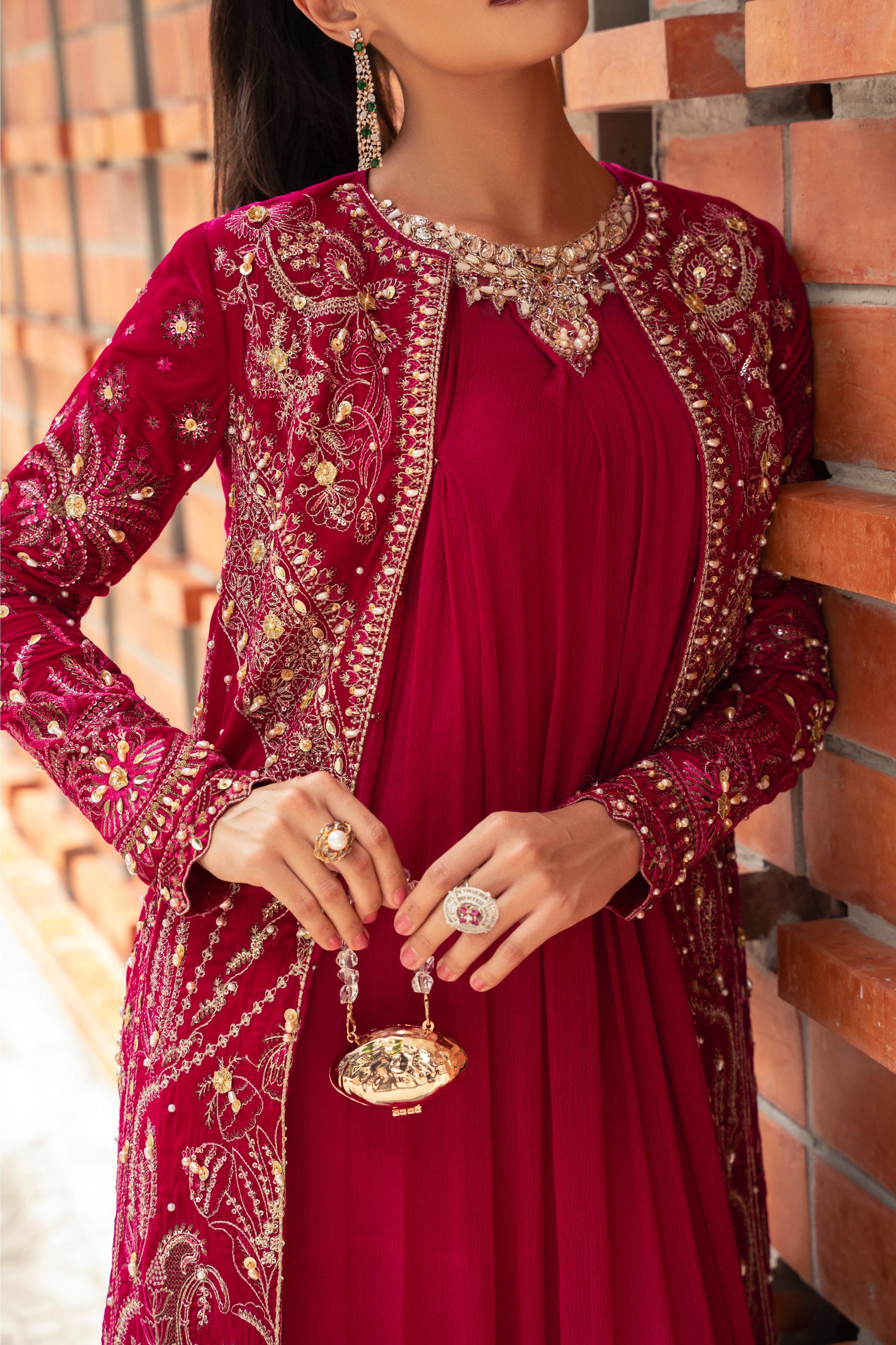 Eve Velvet Jacket & Chiffon Inner Set by Mysie by Tahira - Fuchsia Velvet Designer Jacket
