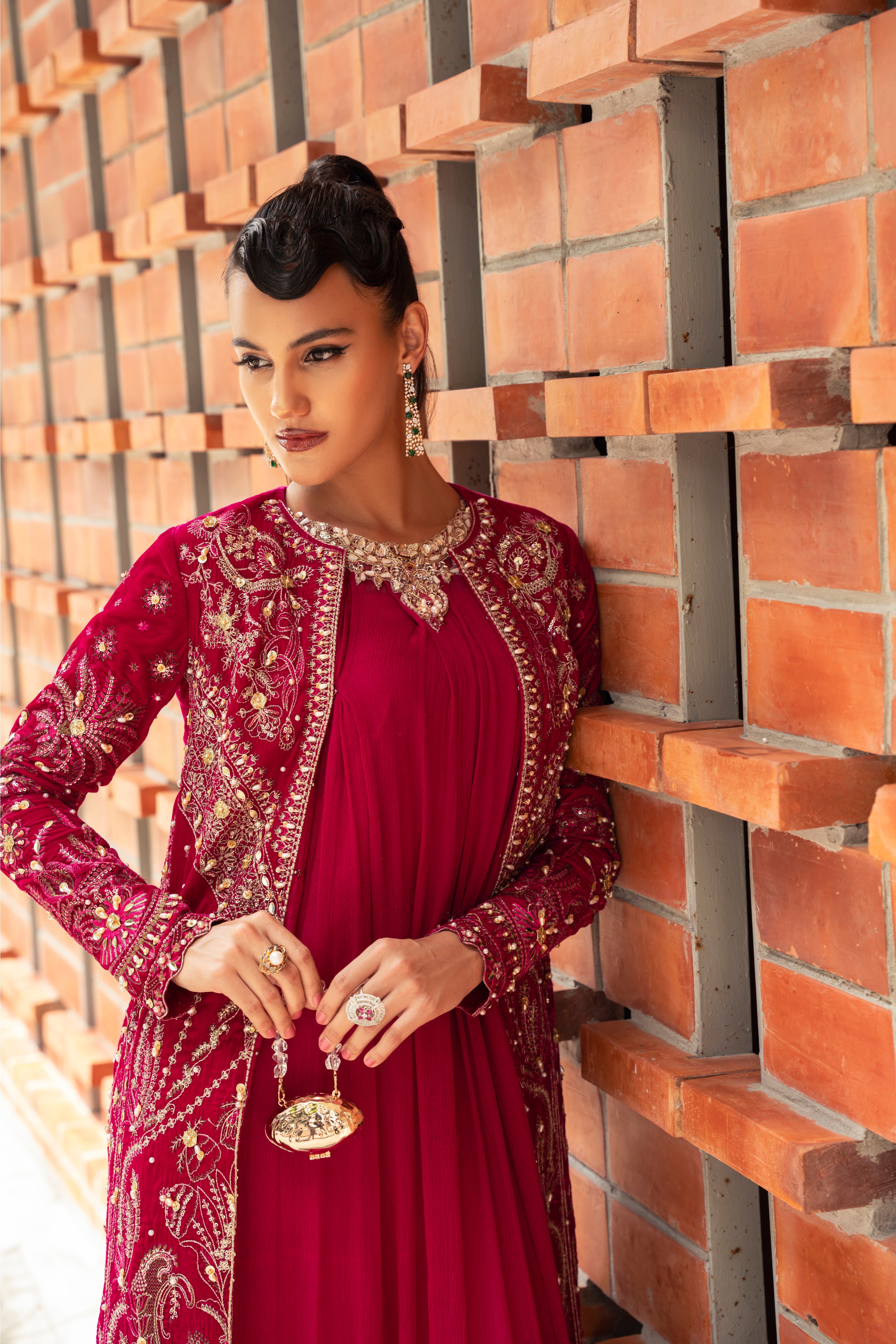 Eve Velvet Jacket & Chiffon Inner Set by Mysie by Tahira - Fuchsia Velvet Designer Jacket