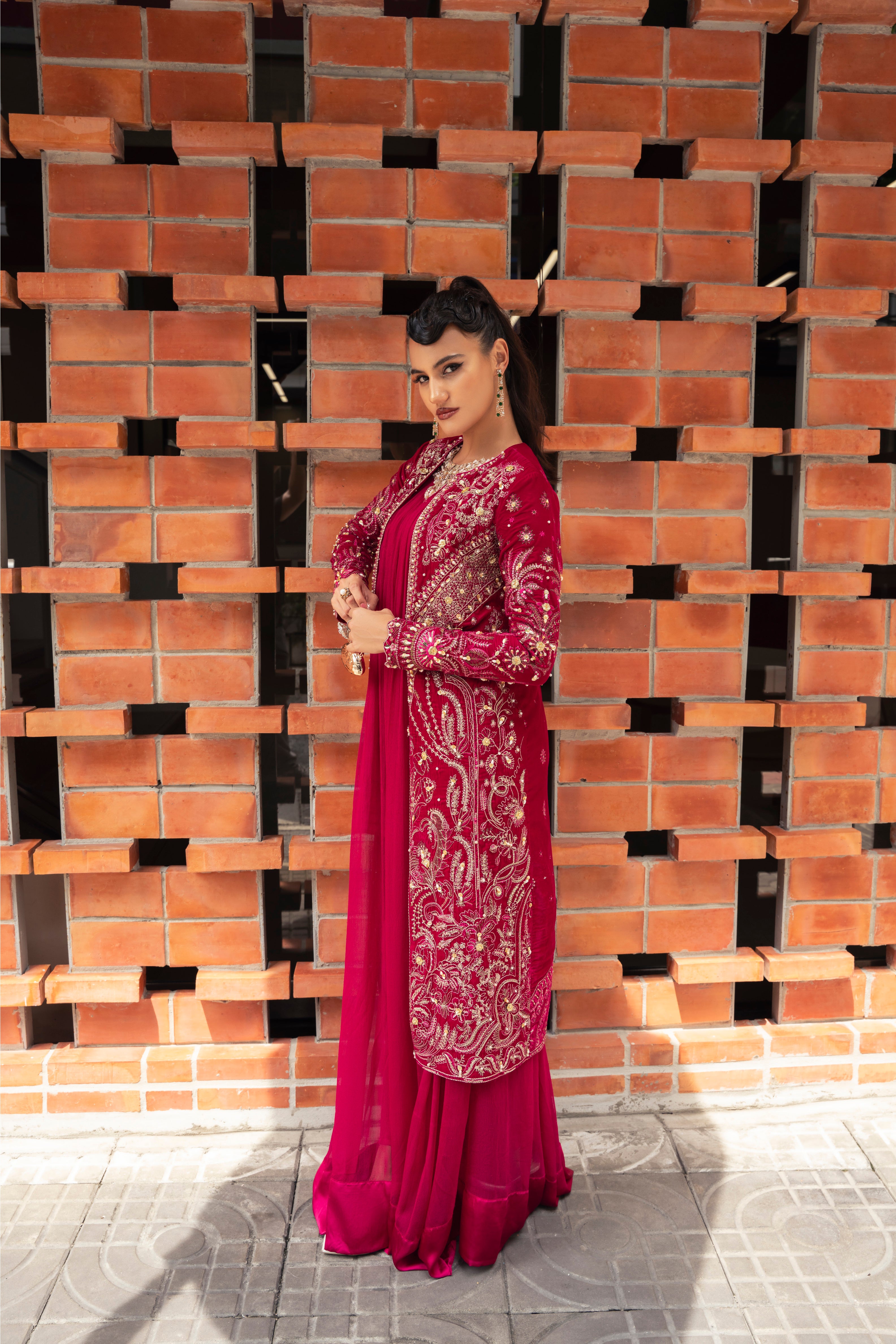 Eve Velvet Jacket & Chiffon Inner Set by Mysie by Tahira - Fuchsia Velvet Designer Jacket