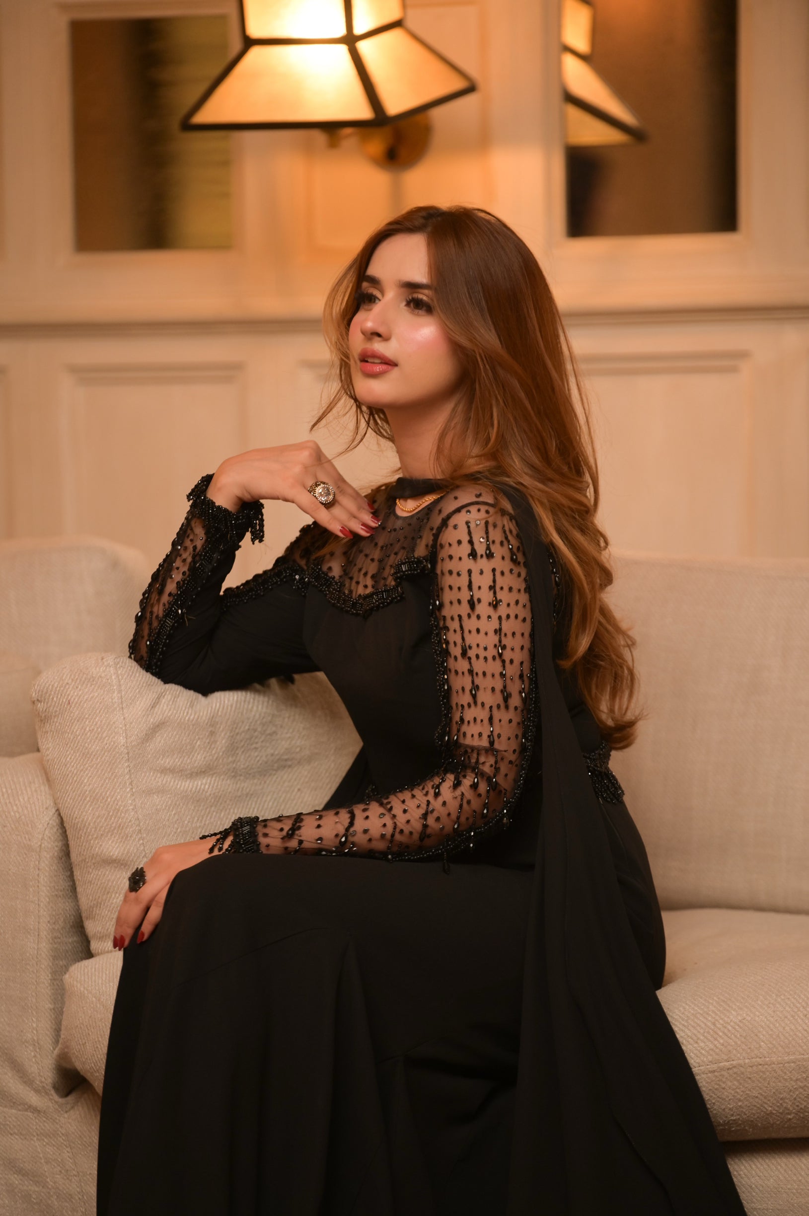 Elegant black festive wear dress in grip fabric, Mysie by Tahira