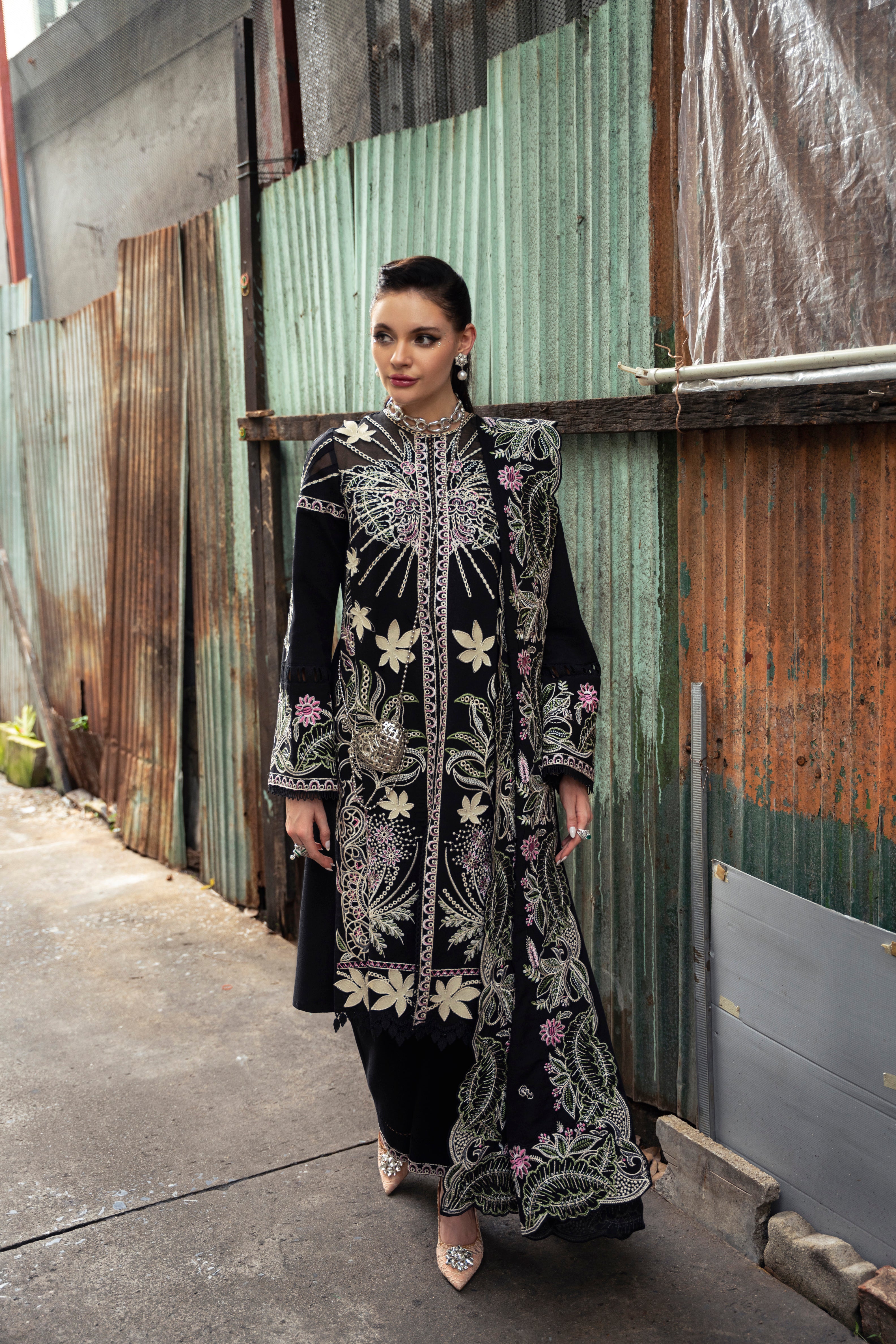 Luna embroidered luxury pret 3-piece outfit with lace sleeve detailing