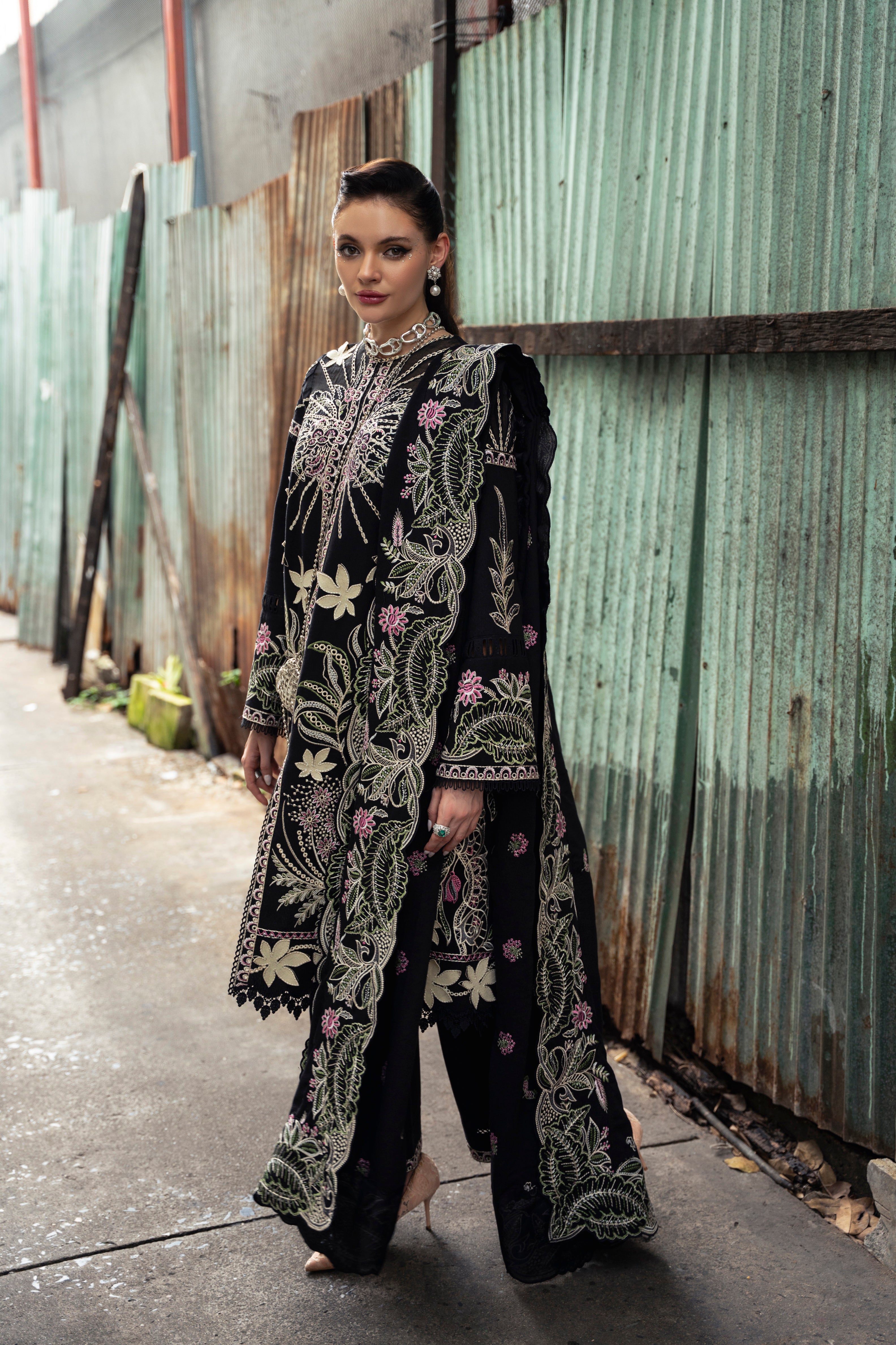 Luna embroidered luxury pret 3-piece outfit with lace sleeve detailing