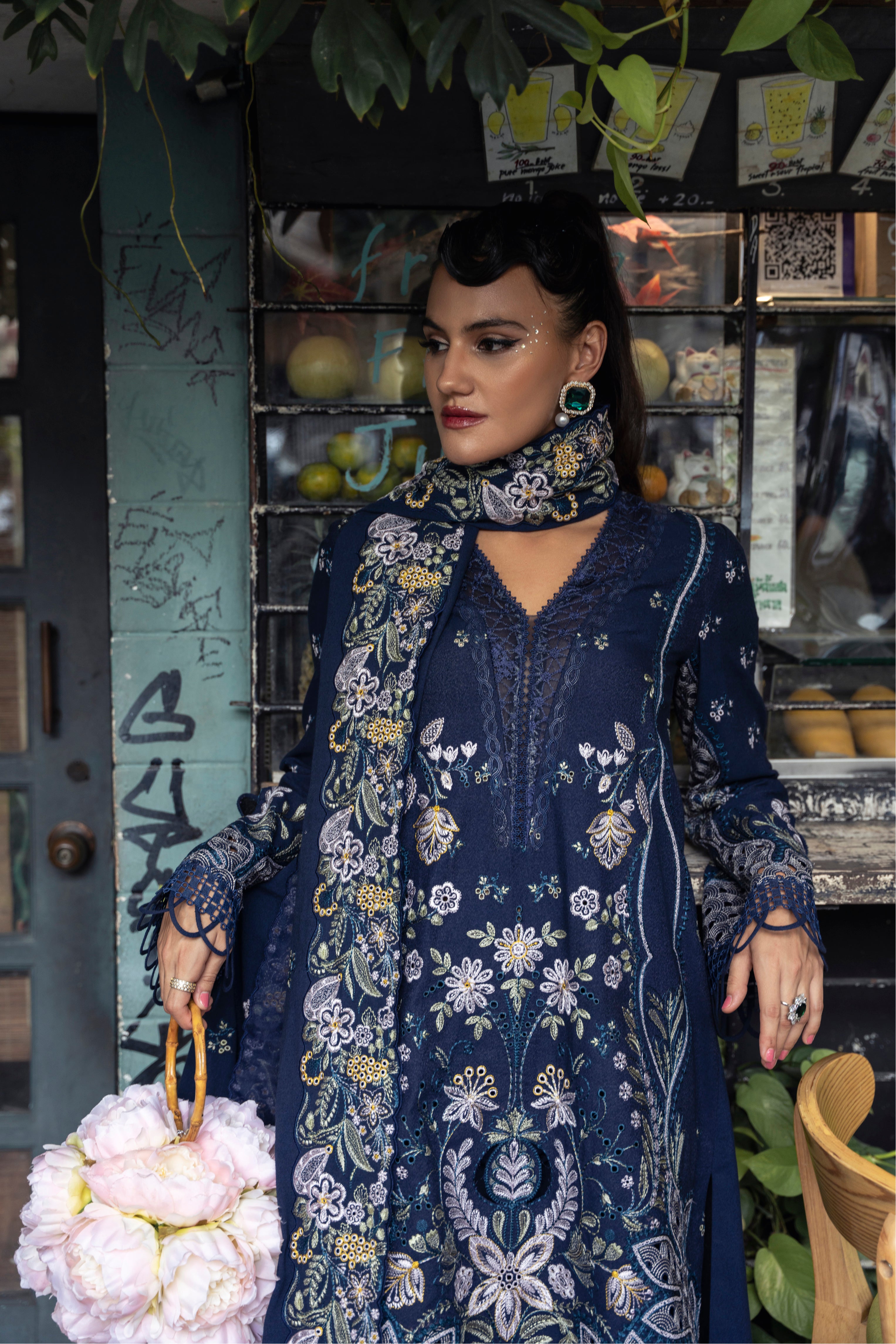 Mysie by Tahira Merida navy karandi outfit with silver and mustard embroidery