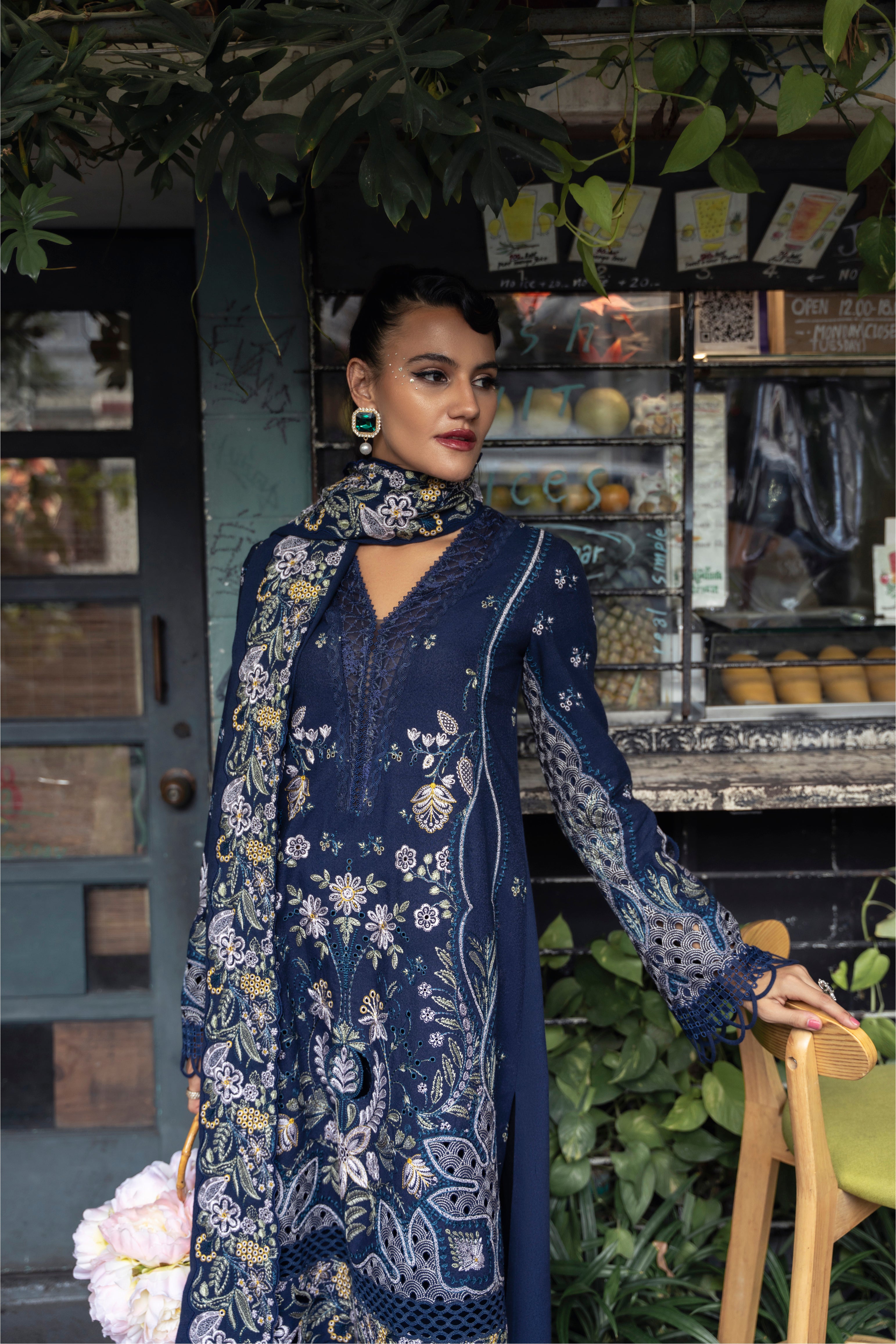 Mysie by Tahira Merida navy karandi outfit with silver and mustard embroidery