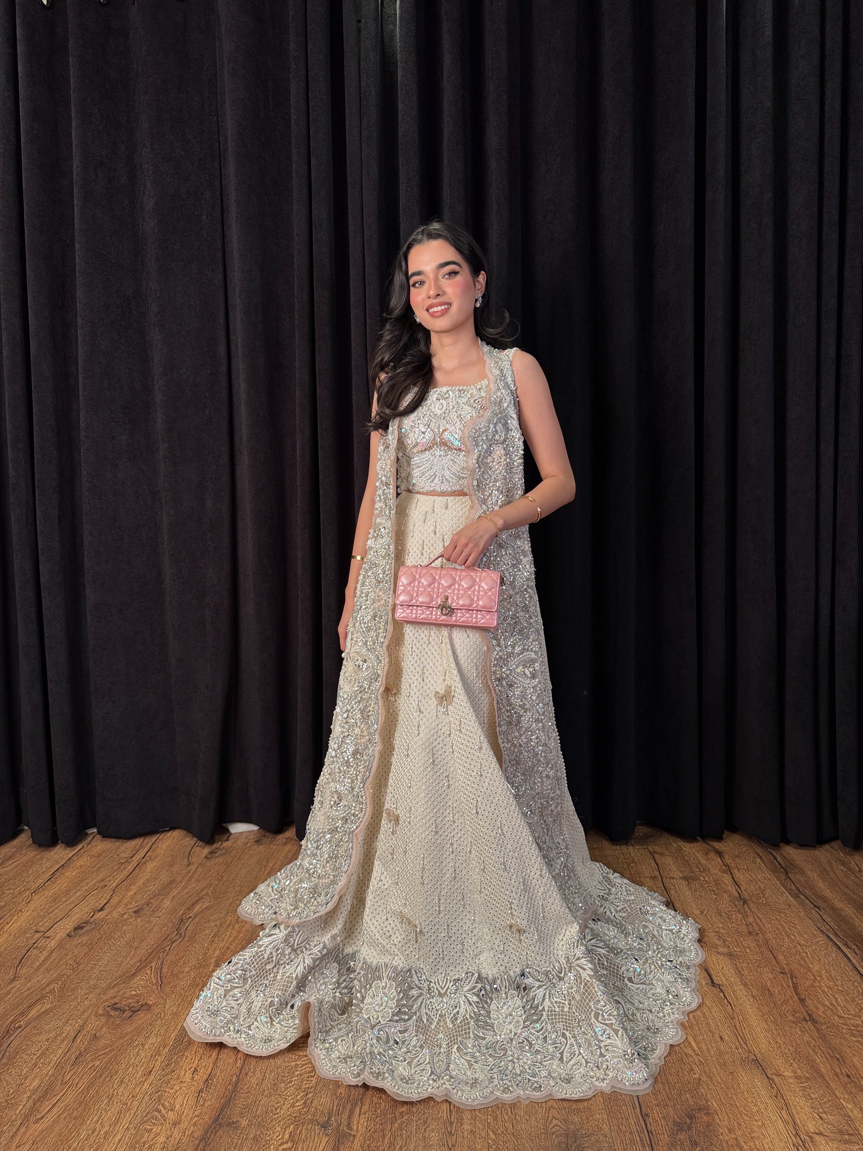 Designer ivory lehenga choli with embellished long jacket – Minsa outfit by Mysie by Tahira, Pakistani wedding and occasion wear.