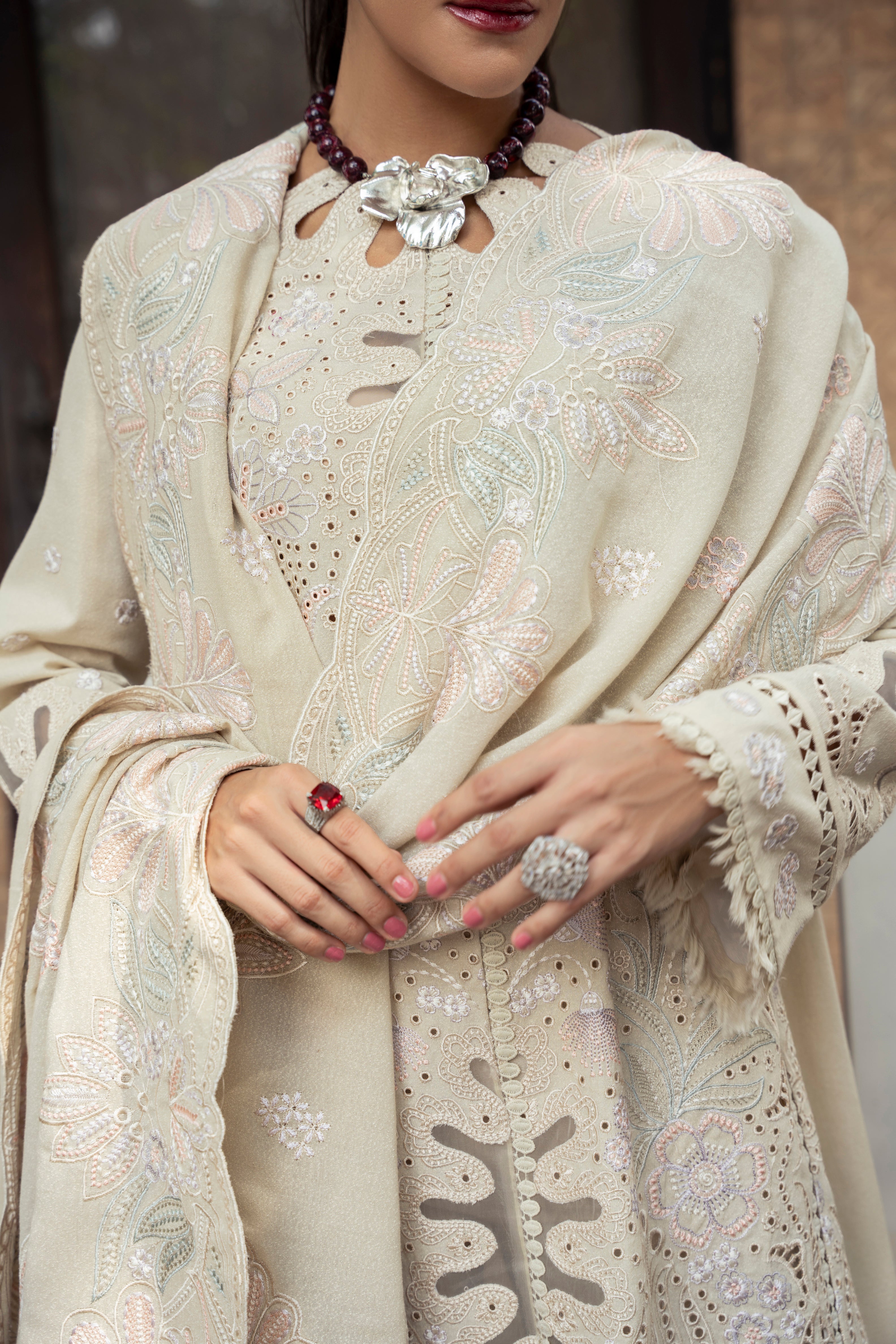 Mysie by Tahira Moana beige karandi outfit with pastel embroidery