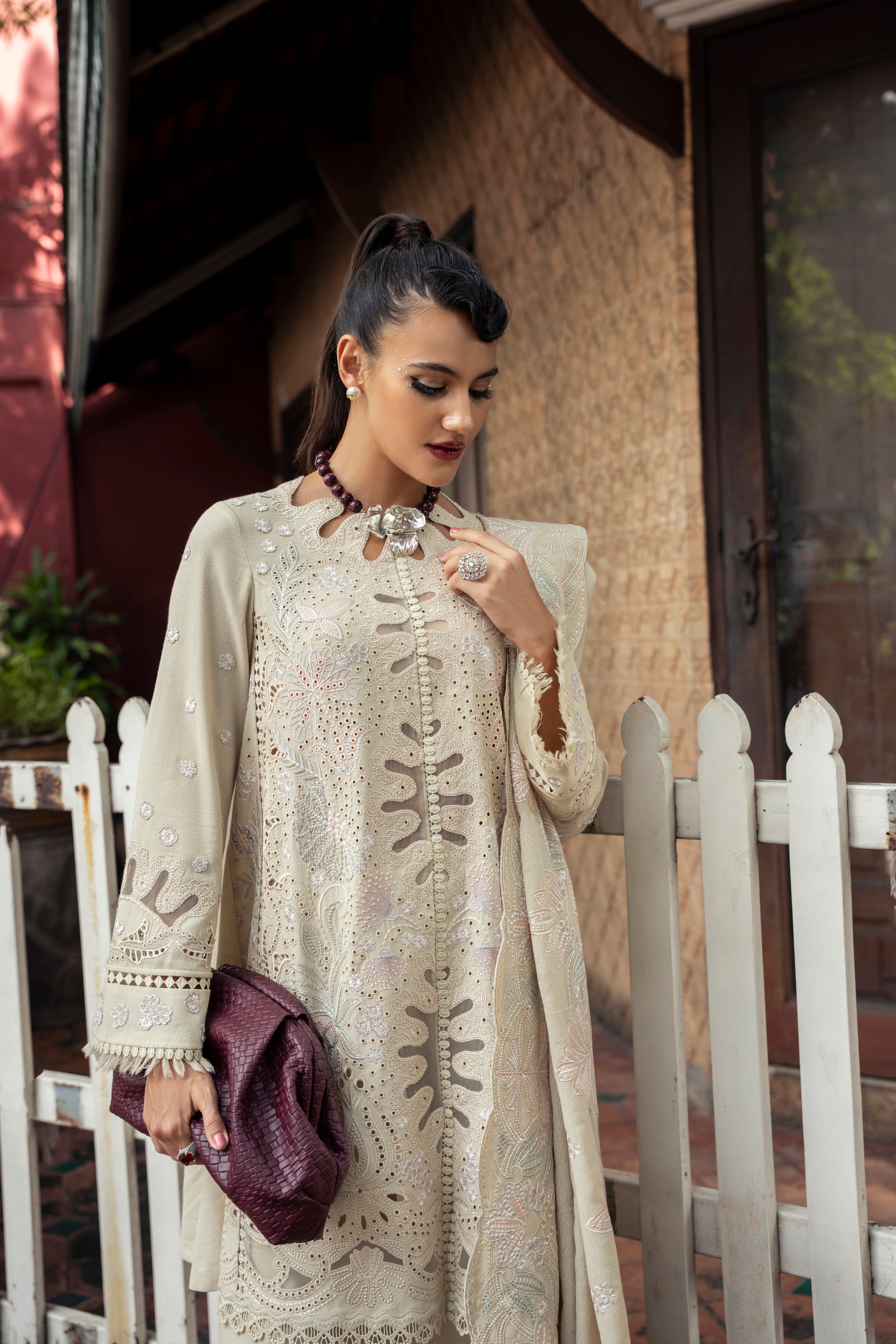 Mysie by Tahira Moana beige karandi outfit with pastel embroidery