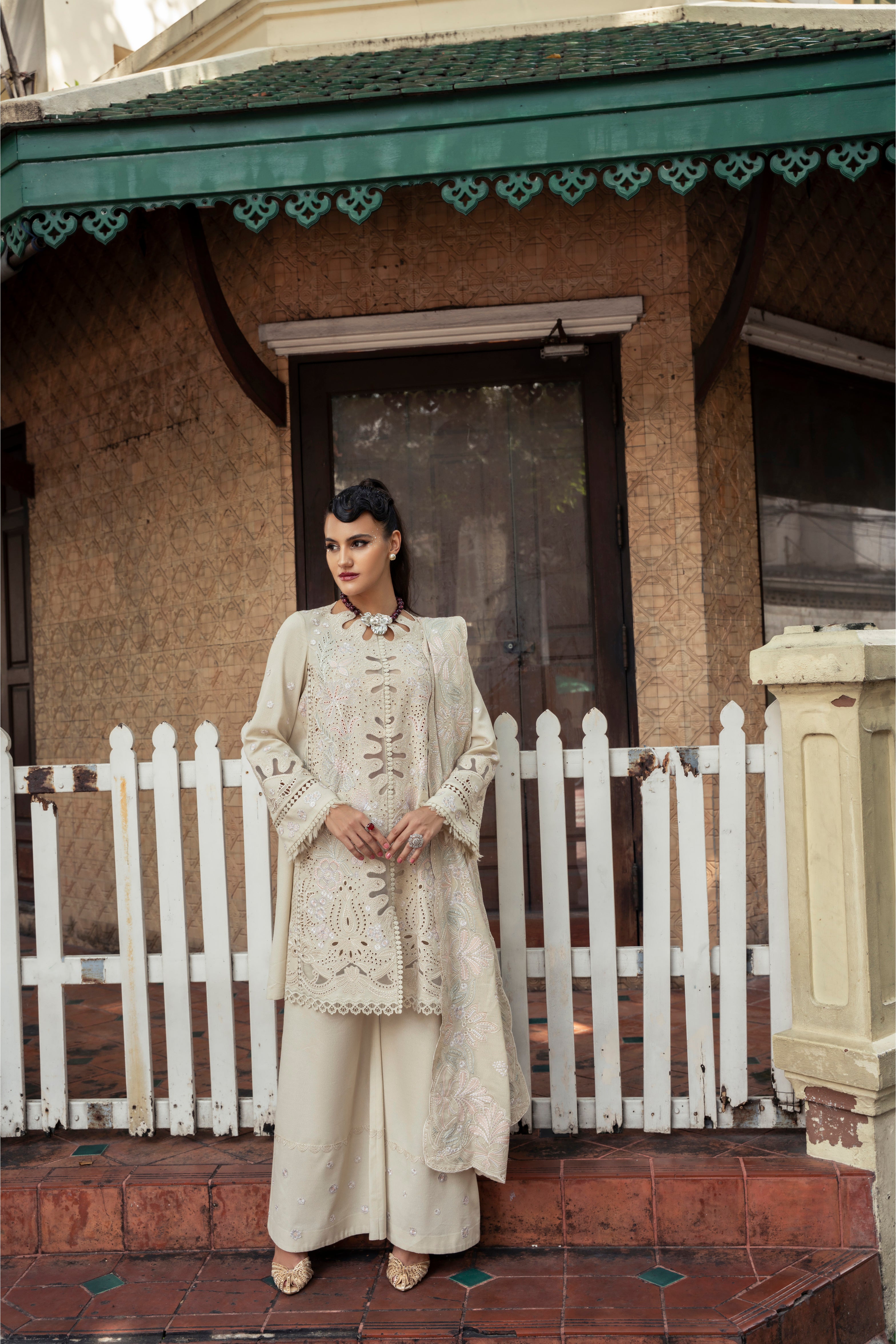 Mysie by Tahira Moana beige karandi outfit with pastel embroidery