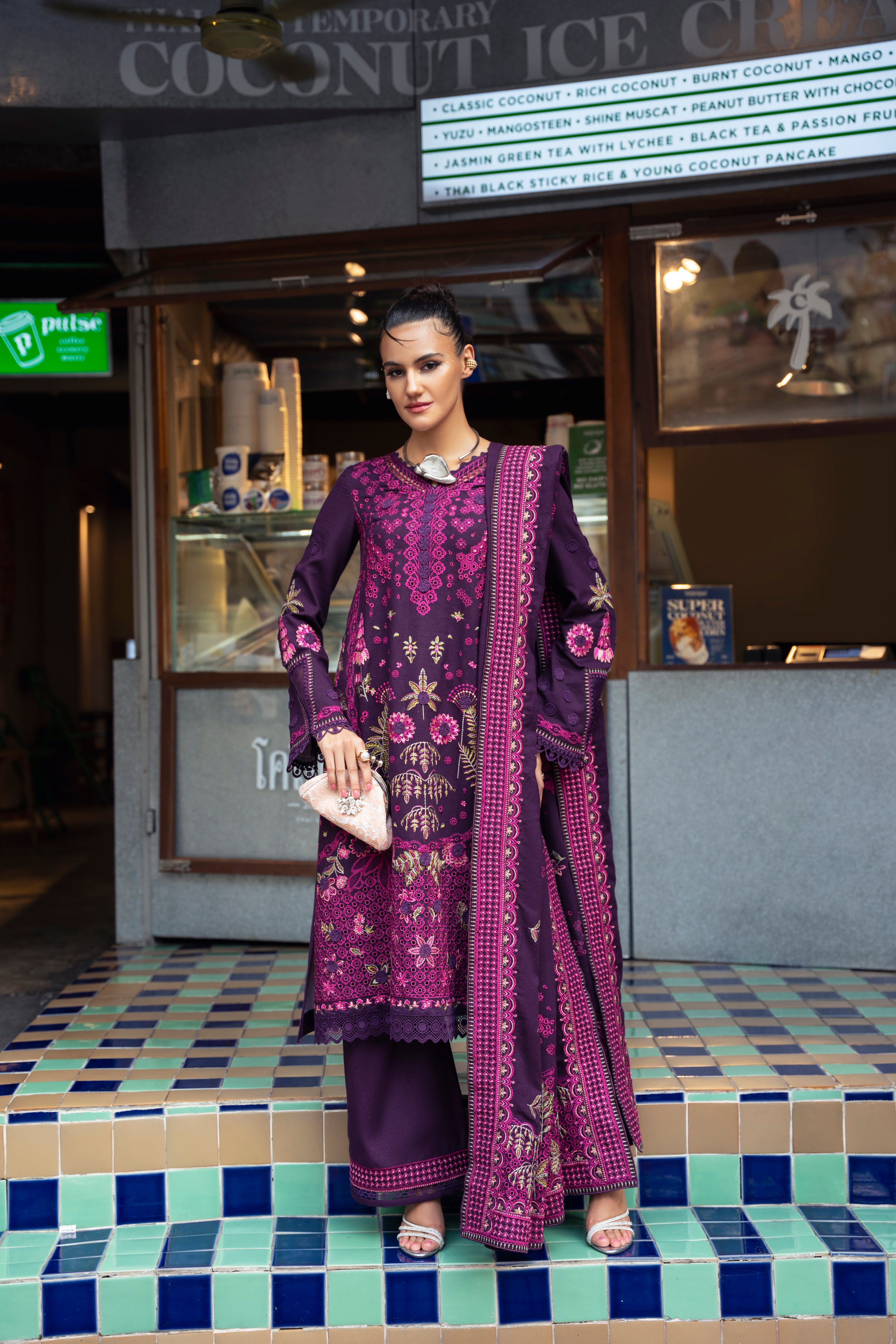 Mysie by Tahira Mulan karandi 3-piece outfit in plum with pink and gold embroidery