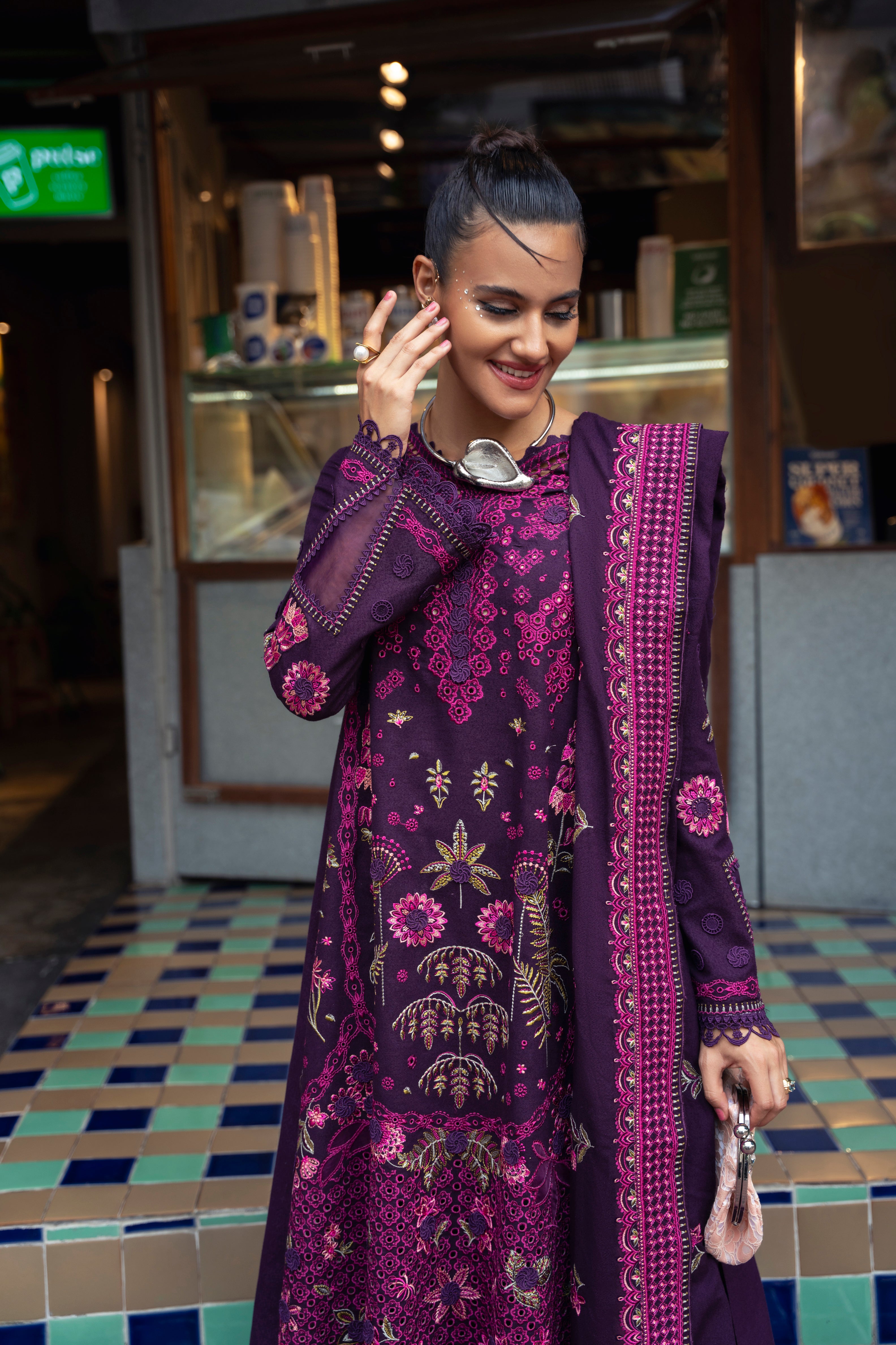 Mysie by Tahira Mulan karandi 3-piece outfit in plum with pink and gold embroidery
