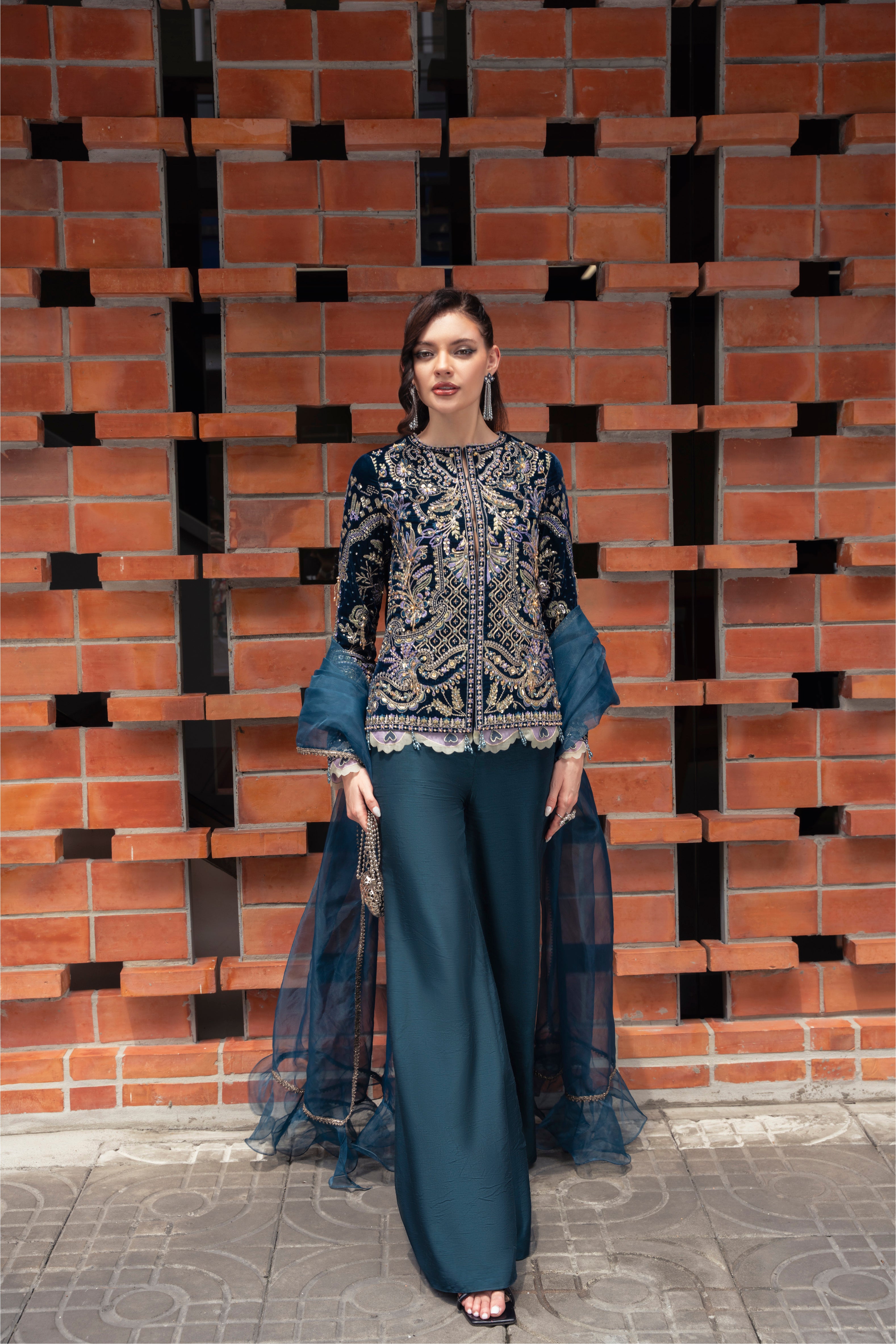 ORA Velvet Shirt & Raw Silk Pant Set by Mysie by Tahira – Navy Blue Velvet Designer Dress
