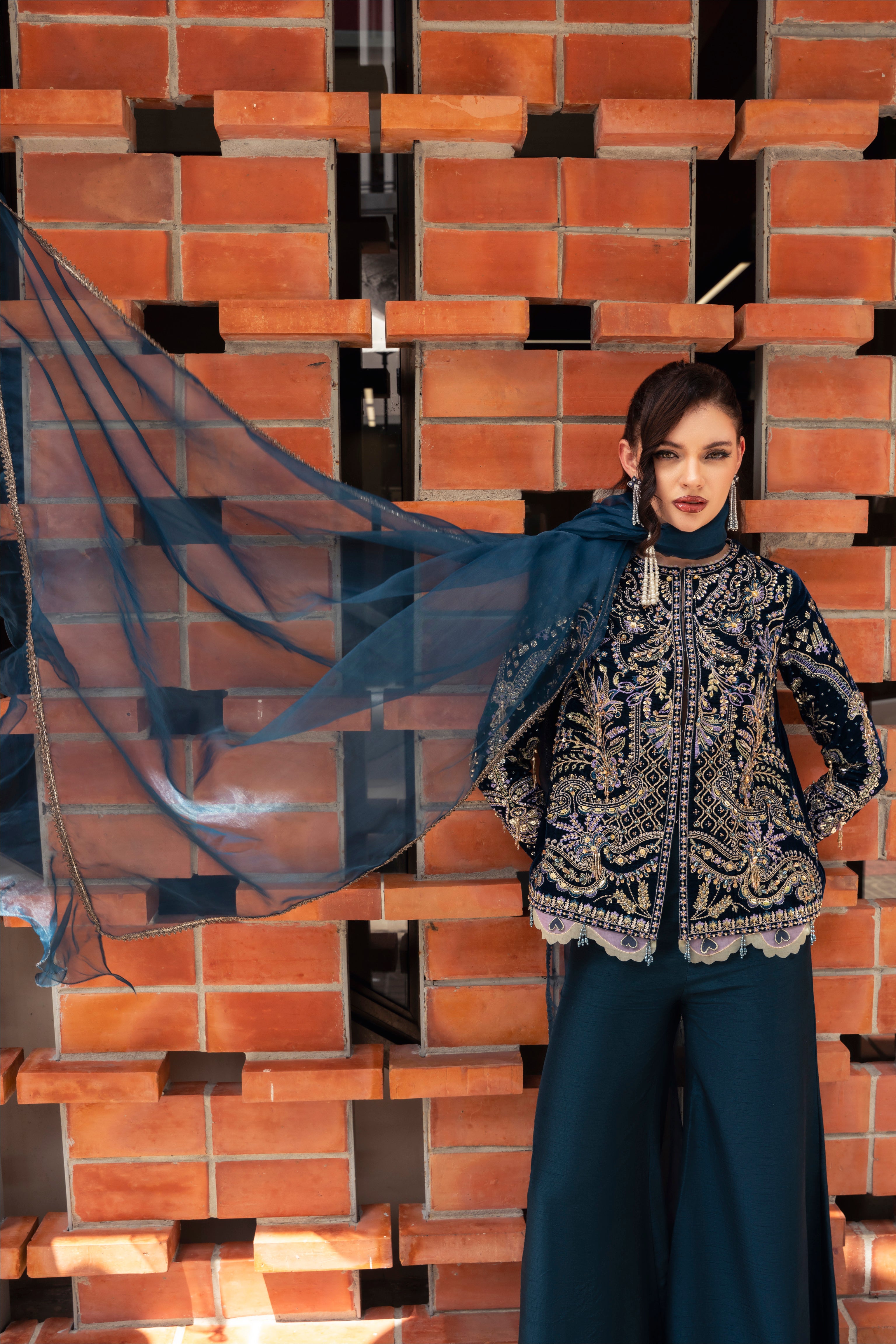 ORA Velvet Shirt & Raw Silk Pant Set by Mysie by Tahira – Navy Blue Velvet Designer Dress