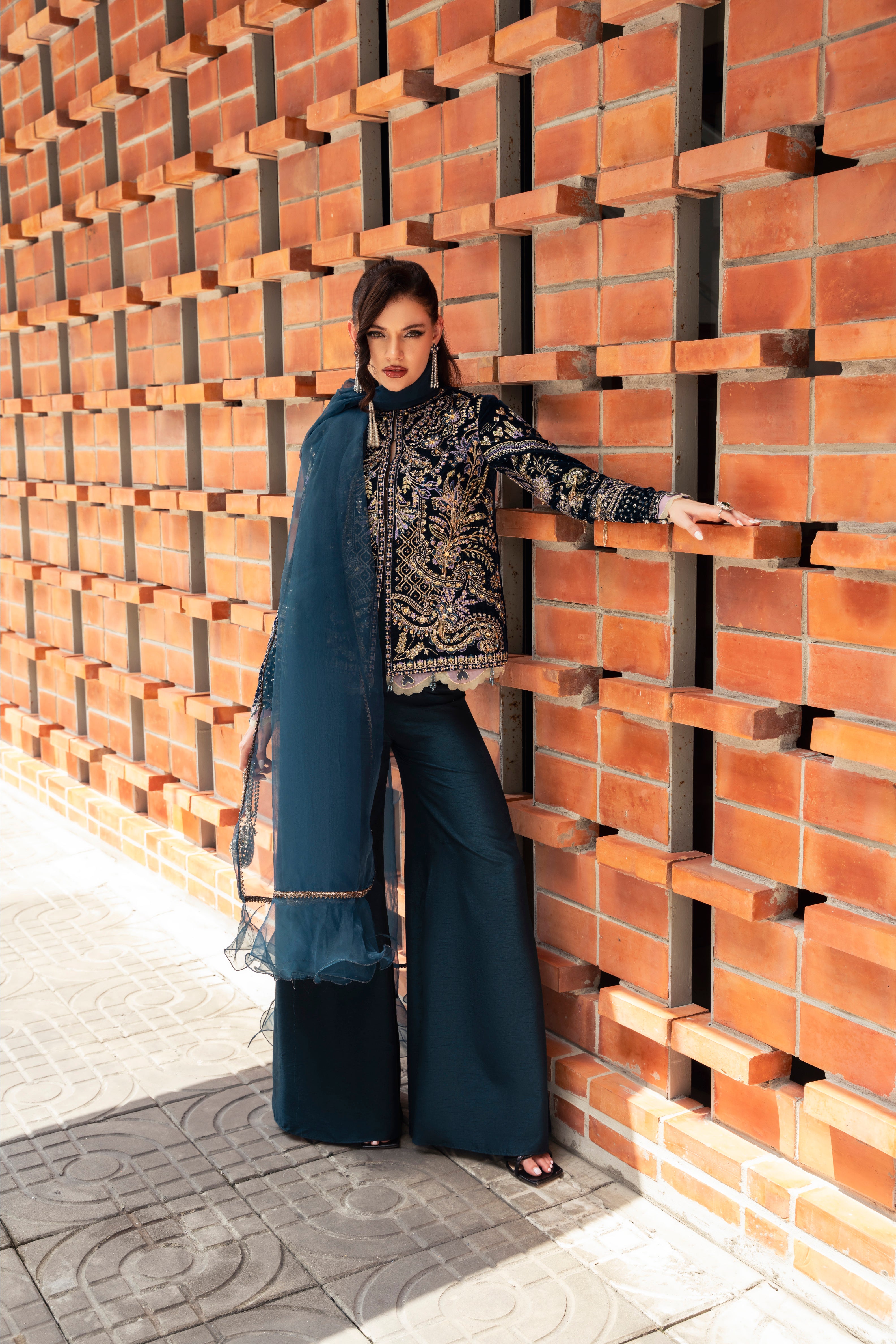 ORA Velvet Shirt & Raw Silk Pant Set by Mysie by Tahira – Navy Blue Velvet Designer Dress