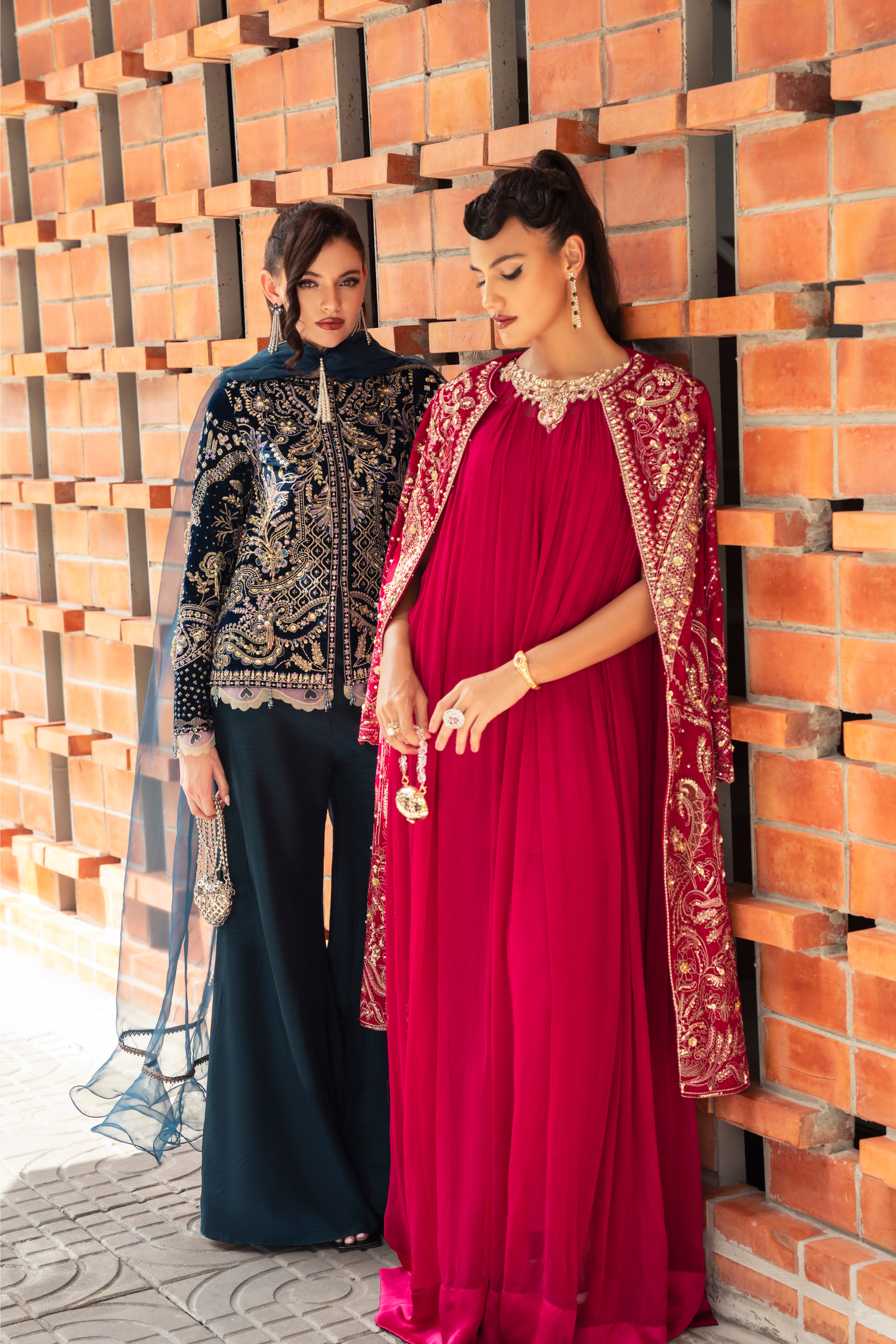 ORA Velvet Shirt & Raw Silk Pant Set by Mysie by Tahira – Navy Blue Velvet Designer Dress