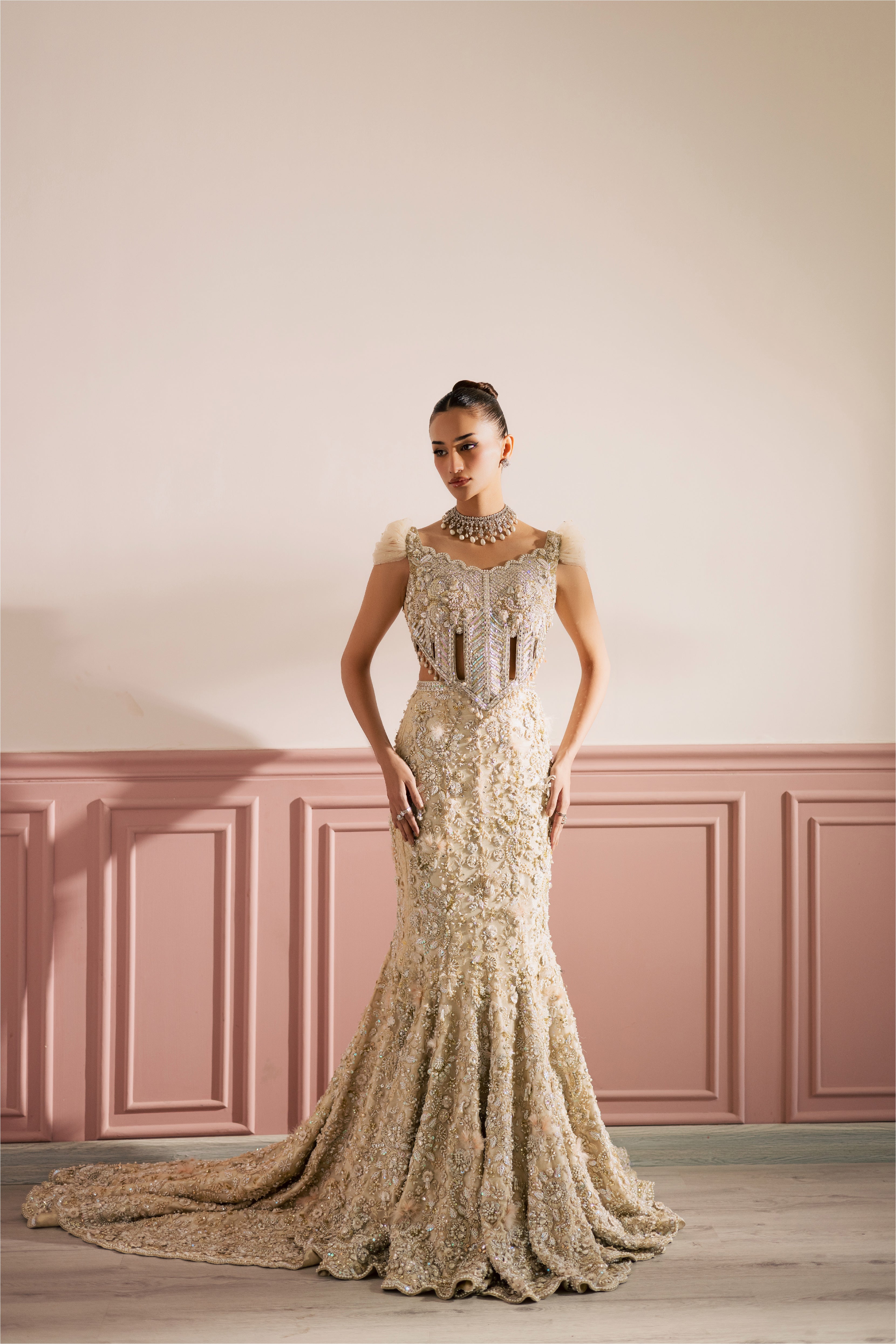 Beige-ivory luxury Radhika bridal lehenga with embellished choli and net dupatta by Mysie By Tahira.