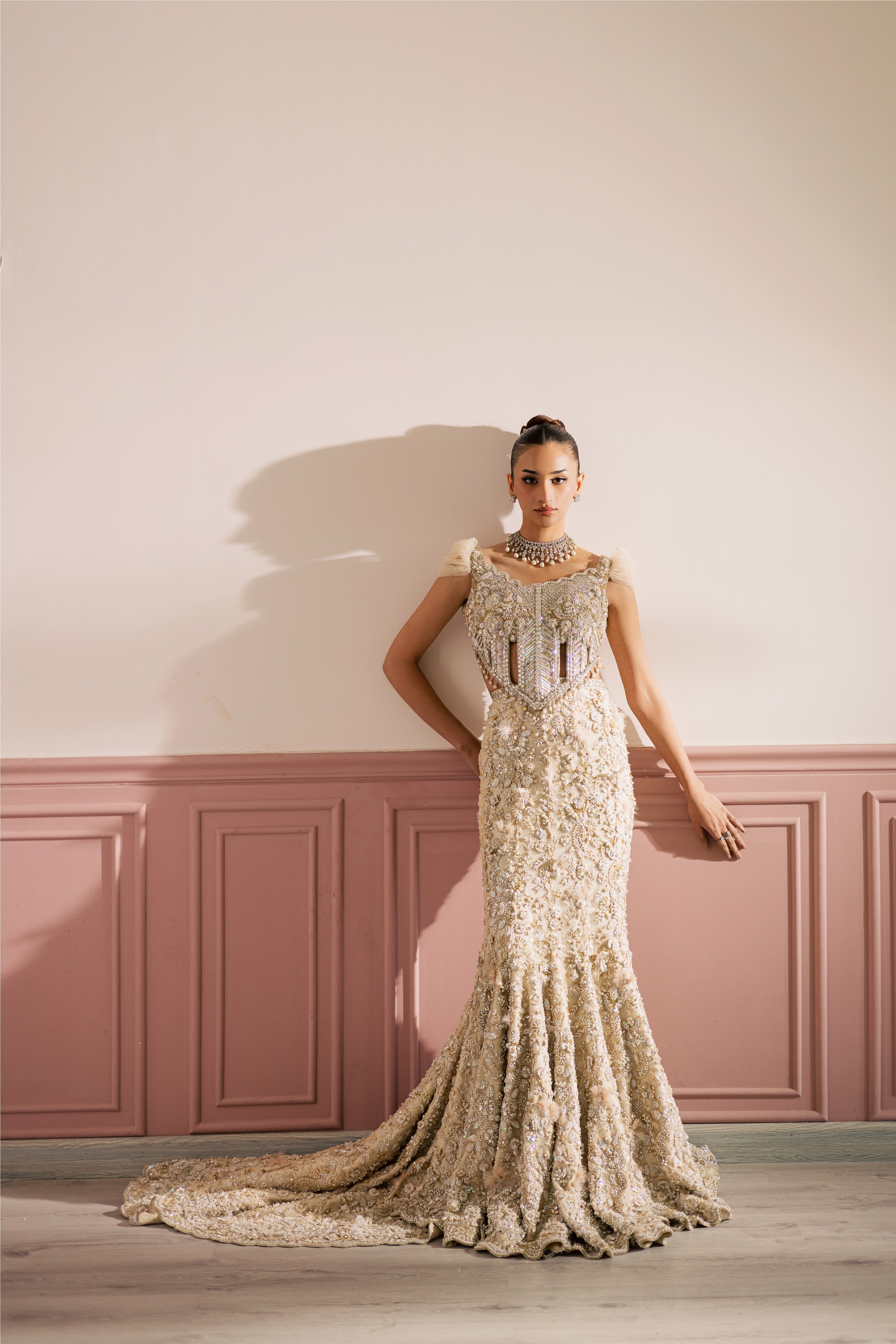 Beige-ivory luxury Radhika bridal lehenga with embellished choli and net dupatta by Mysie By Tahira.