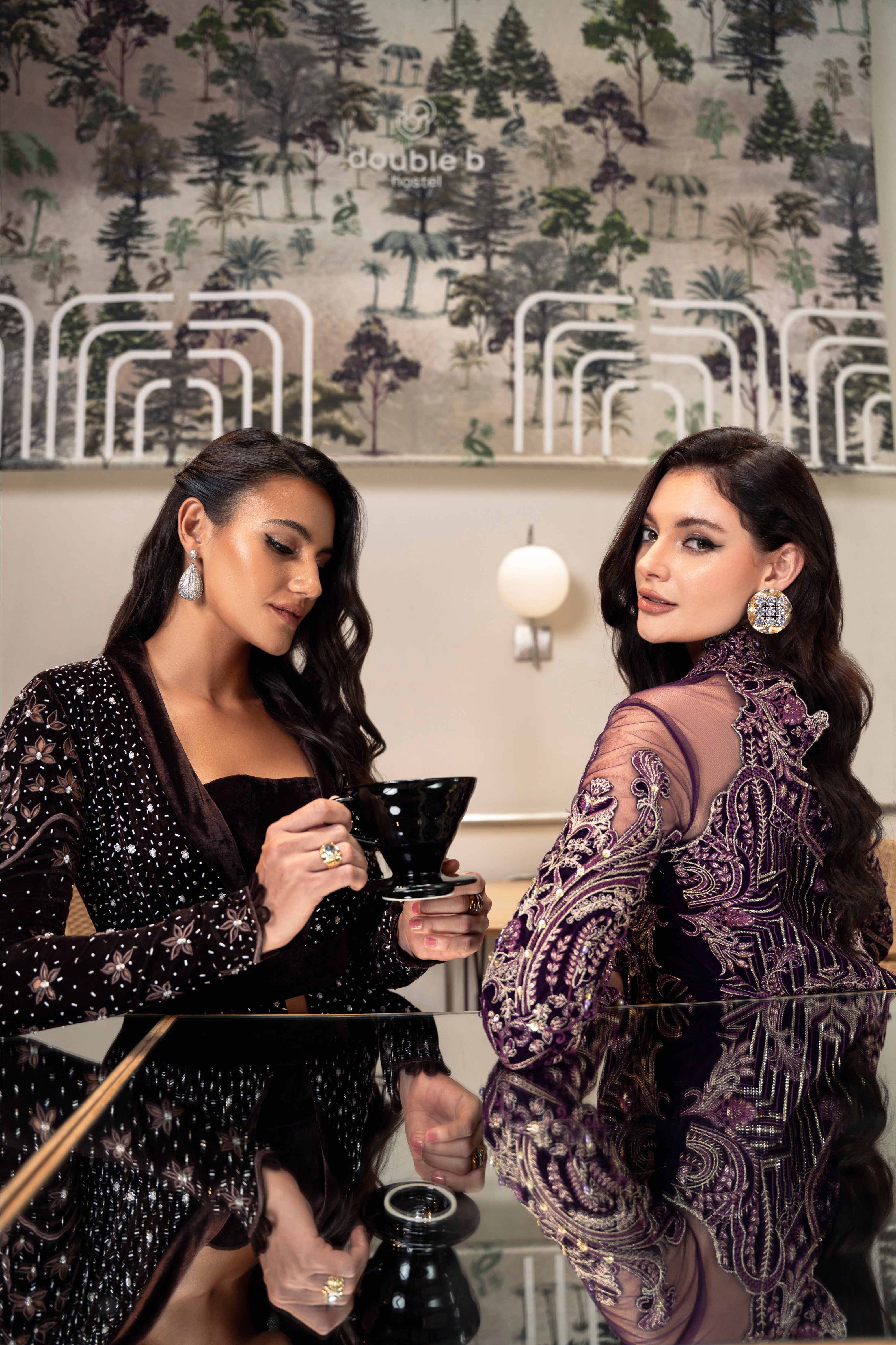 Reva Velvet Designer Set by Mysie by Tahira - Brown Velvet Winter Outfit for Women