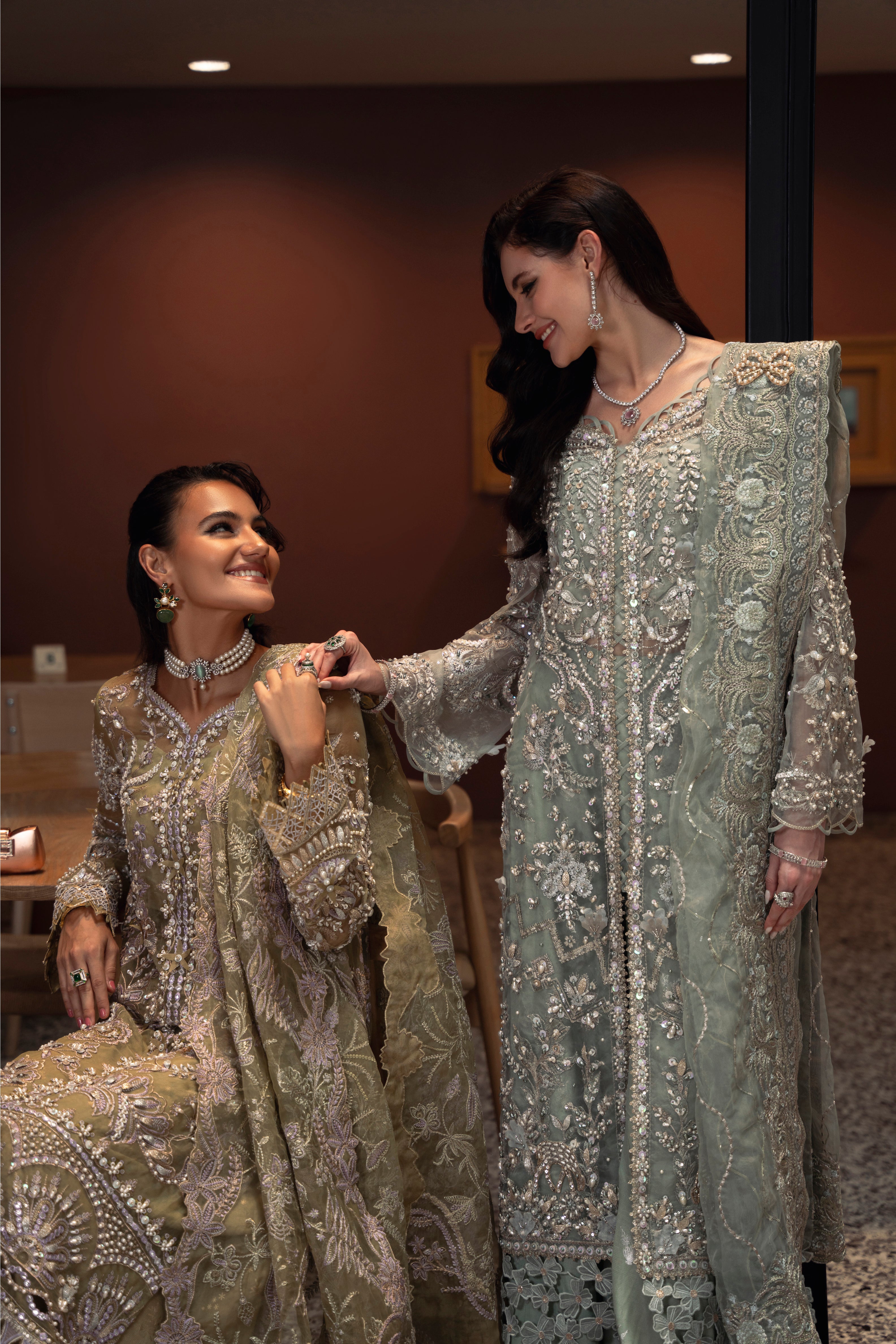 Taisha Organza Shirt & Dupatta with Raw Silk Pant & Slip Set by Mysie by Tahira – Olive Green Designer Dress