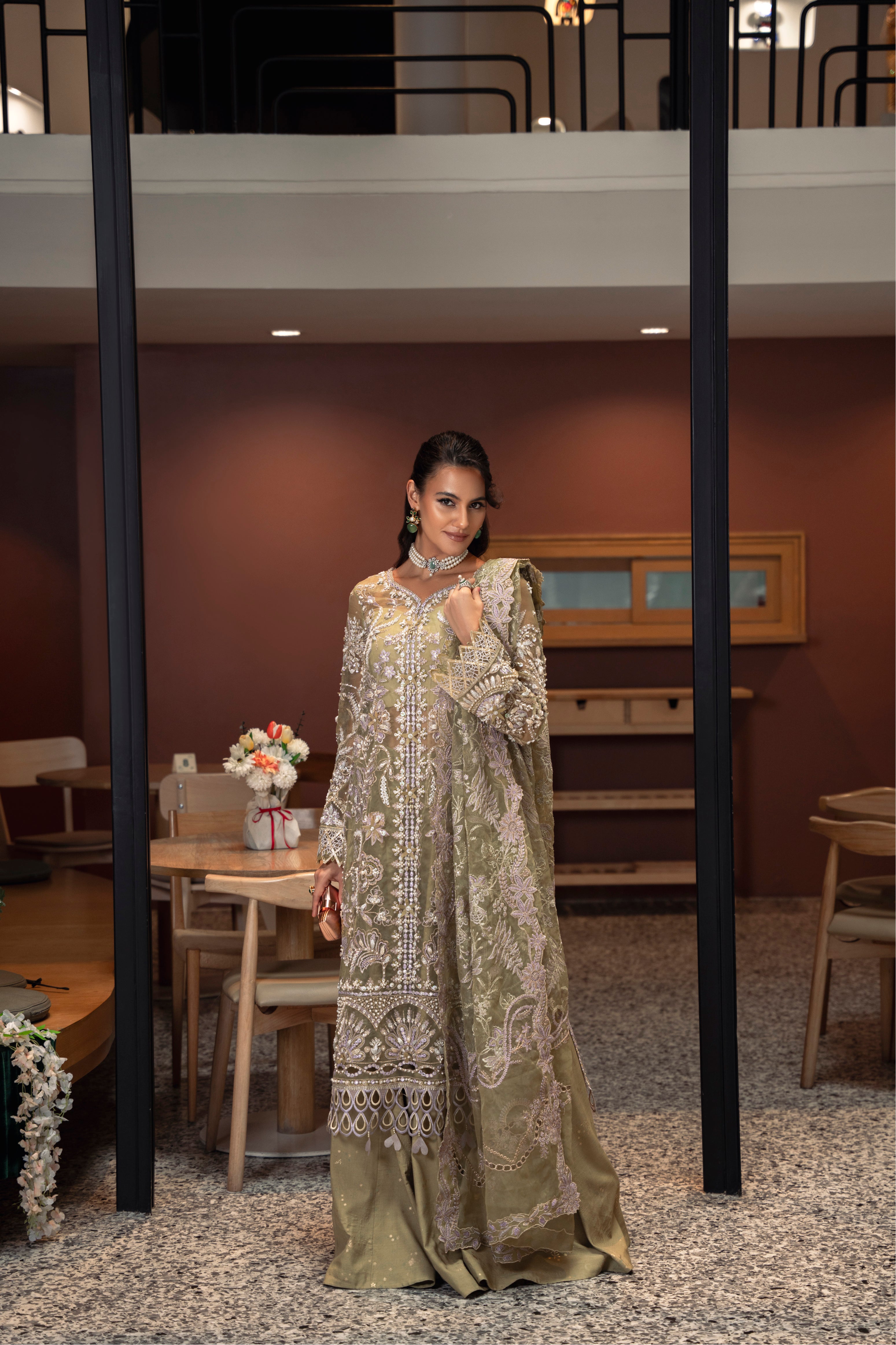 Taisha Organza Shirt & Dupatta with Raw Silk Pant & Slip Set by Mysie by Tahira – Olive Green Designer Dress