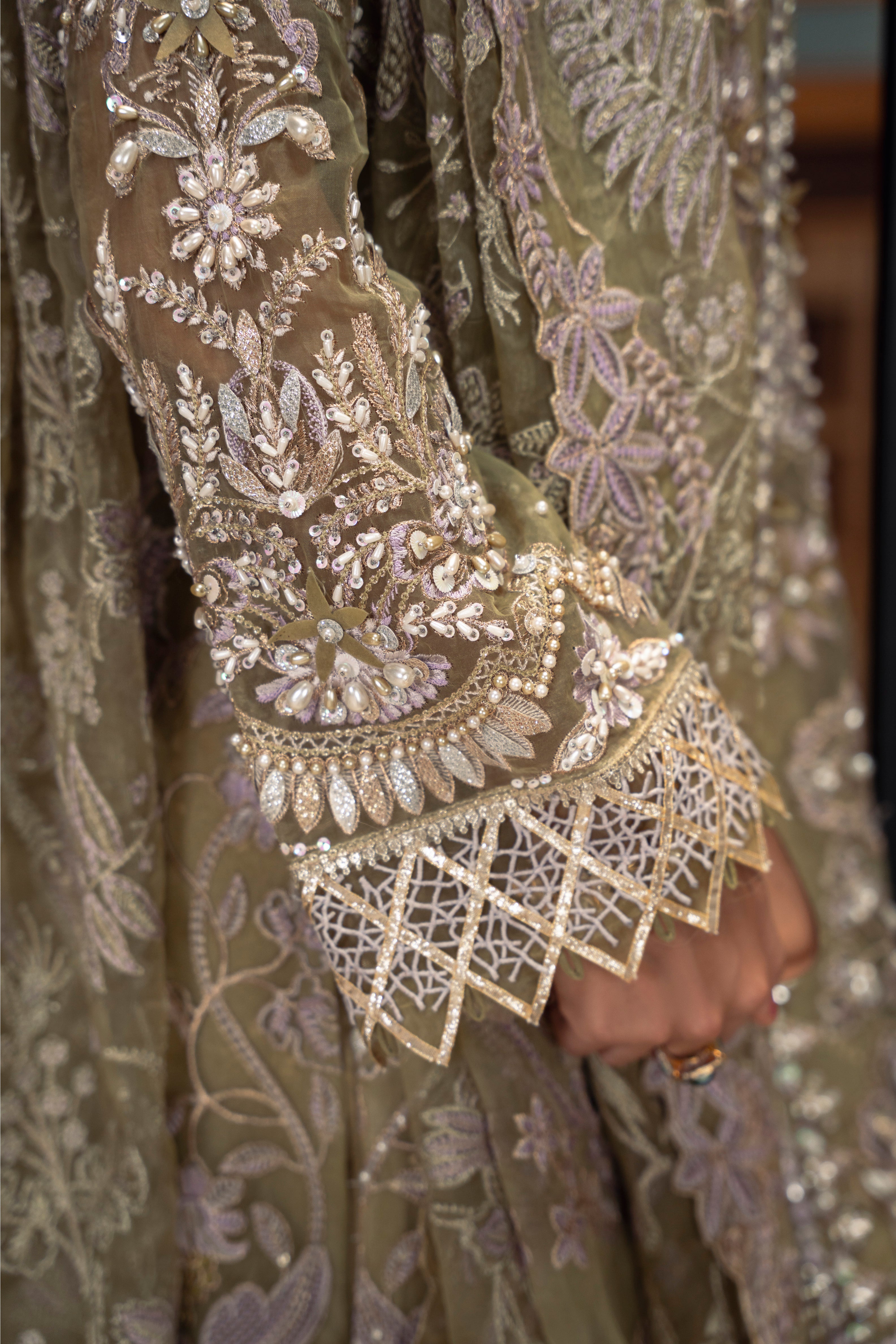 Taisha Organza Shirt & Dupatta with Raw Silk Pant & Slip Set by Mysie by Tahira – Olive Green Designer Dress