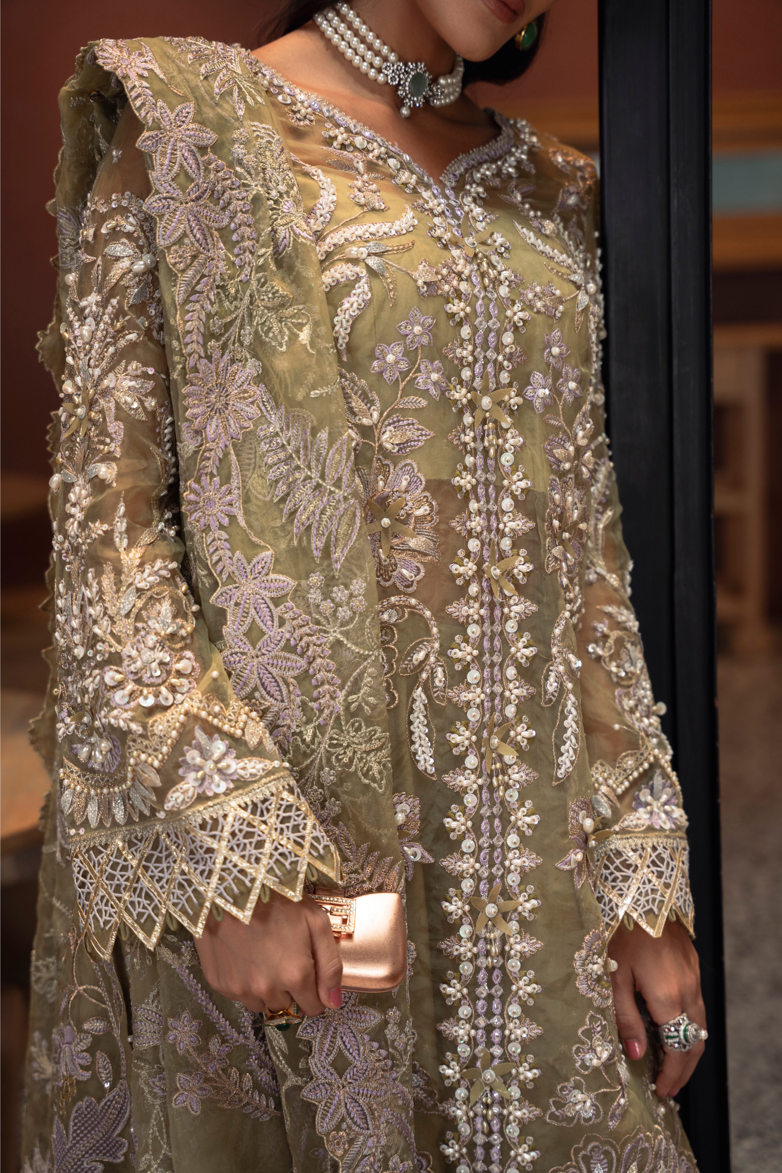 Taisha Organza Shirt & Dupatta with Raw Silk Pant & Slip Set by Mysie by Tahira – Olive Green Designer Dress