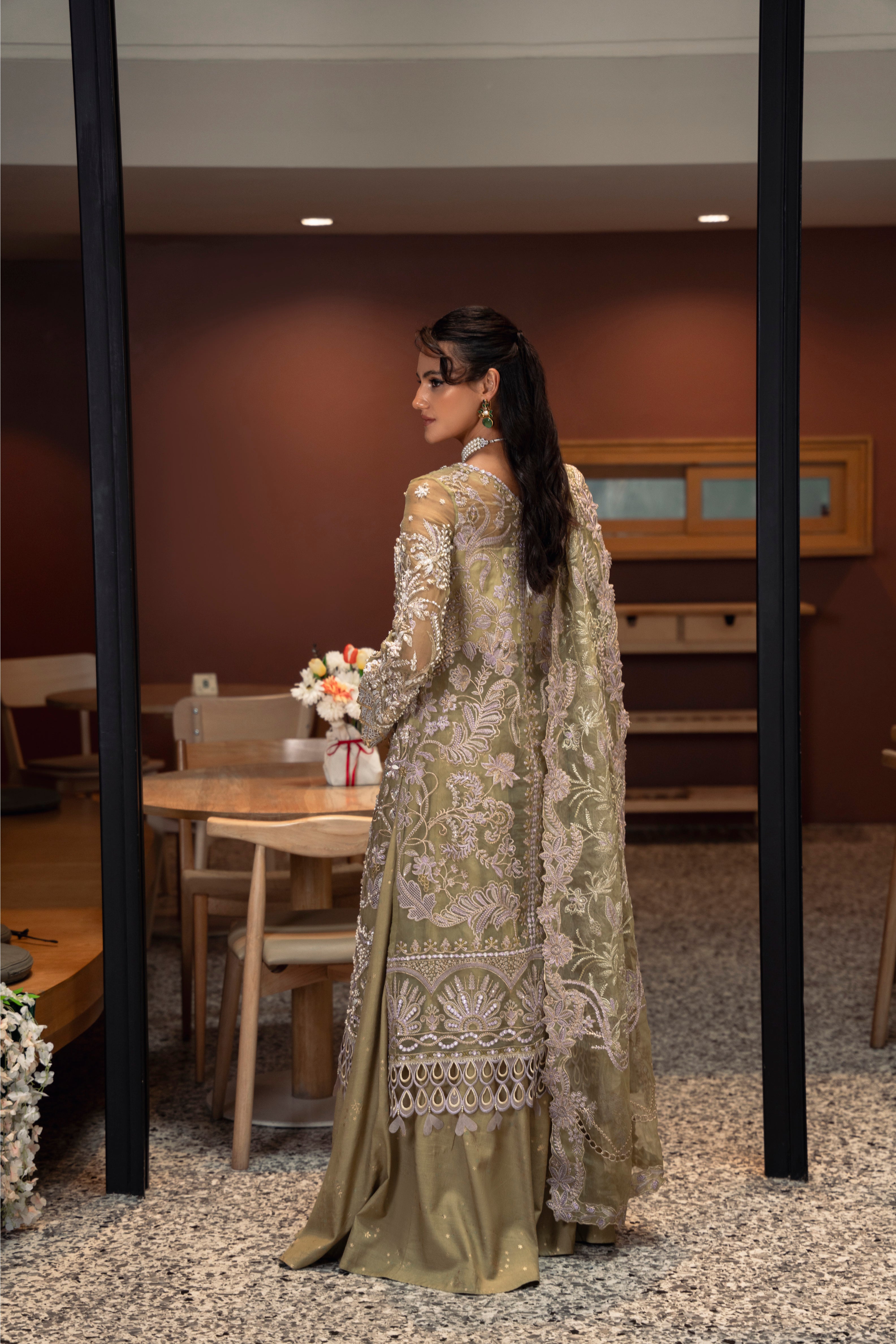Taisha Organza Shirt & Dupatta with Raw Silk Pant & Slip Set by Mysie by Tahira – Olive Green Designer Dress