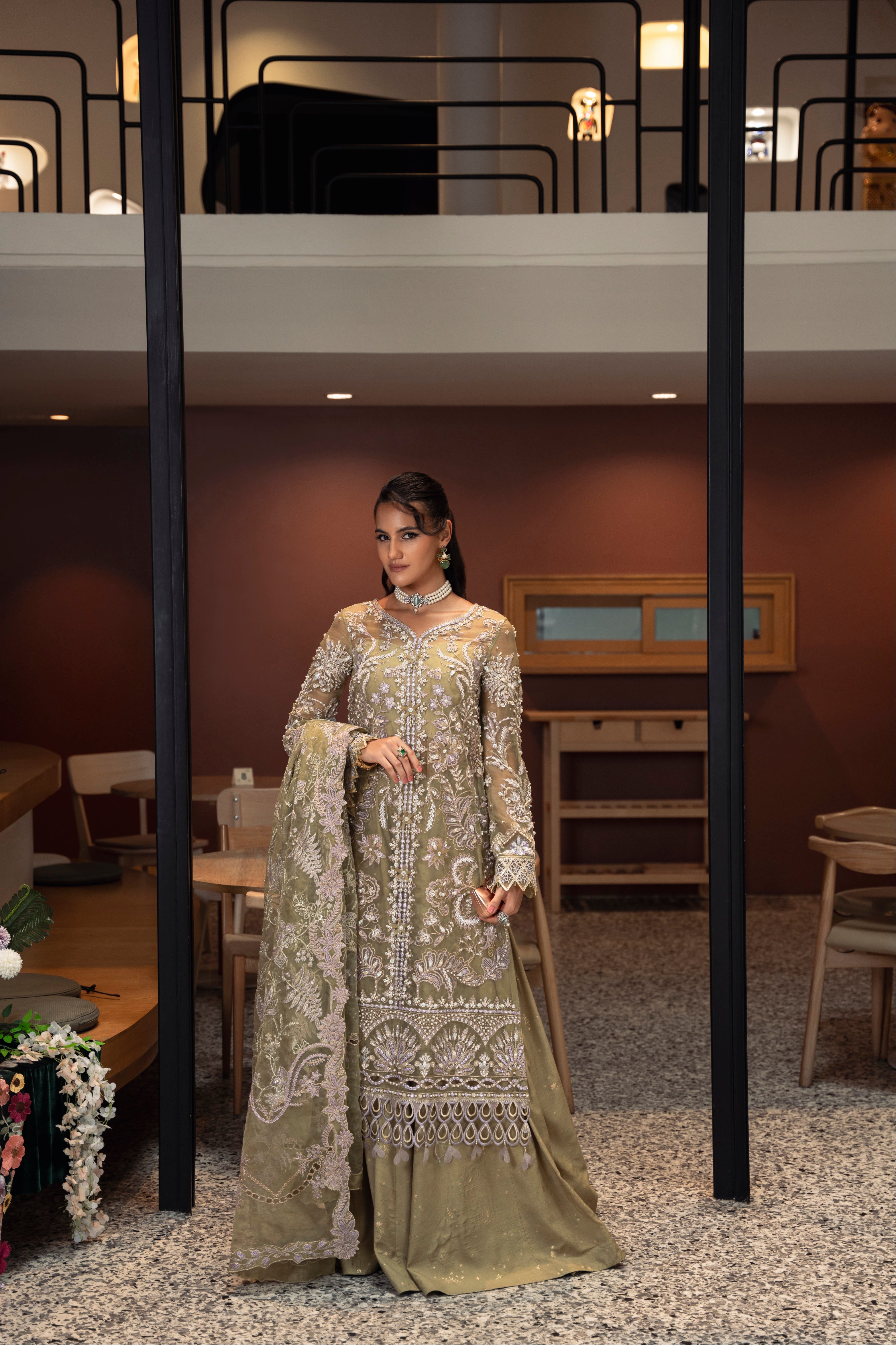 Taisha Organza Shirt & Dupatta with Raw Silk Pant & Slip Set by Mysie by Tahira – Olive Green Designer Dress
