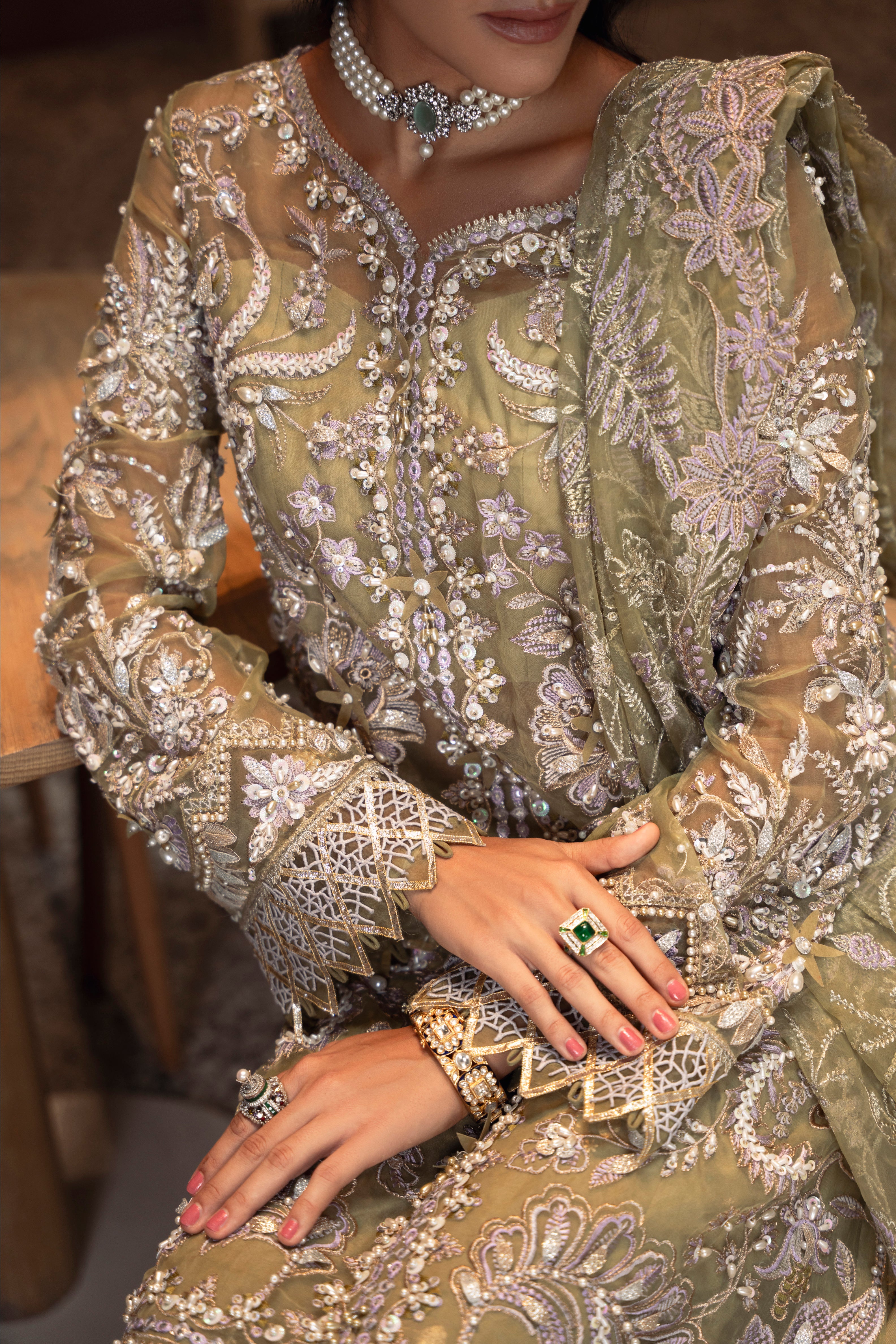 Taisha Organza Shirt & Dupatta with Raw Silk Pant & Slip Set by Mysie by Tahira – Olive Green Designer Dress