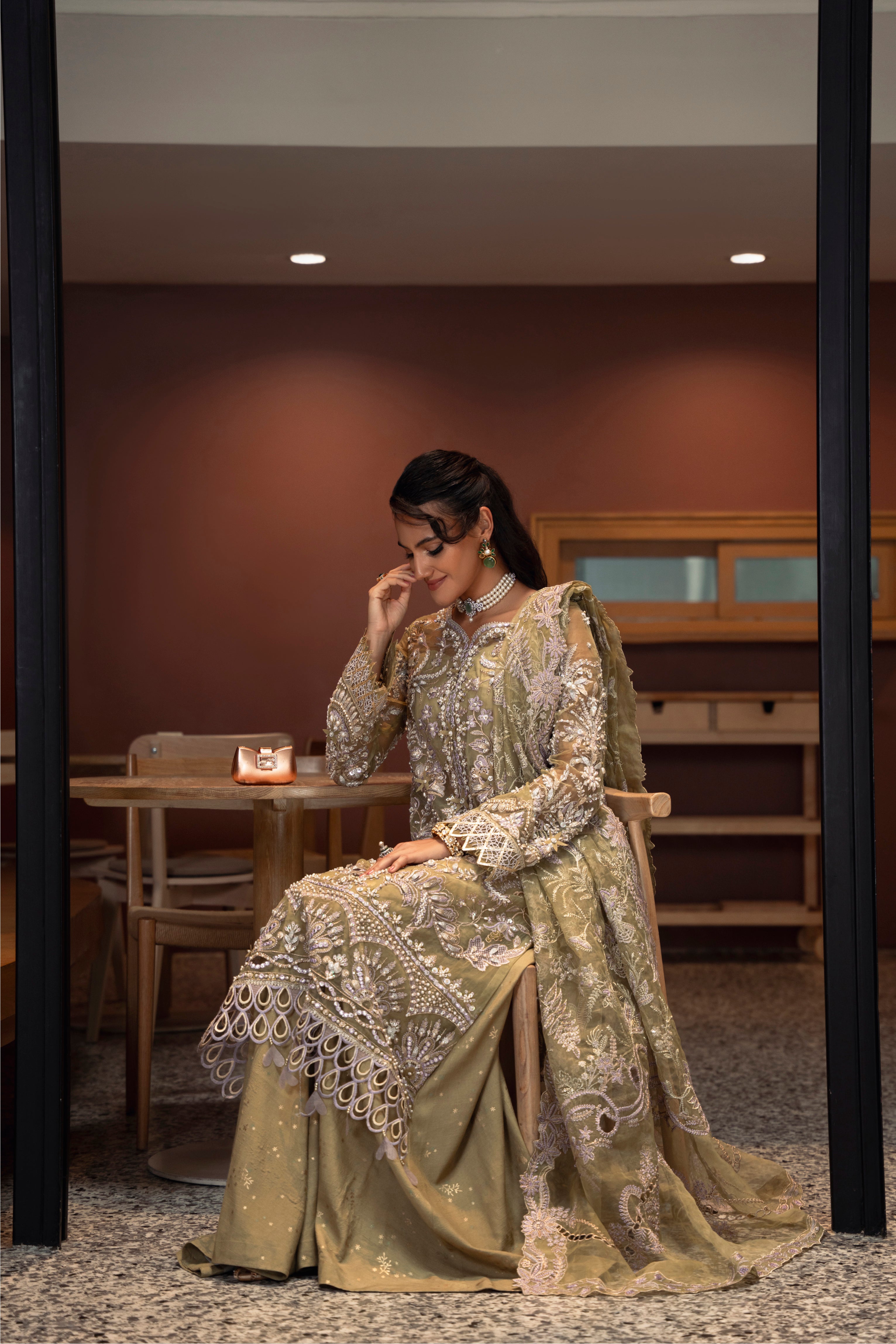Taisha Organza Shirt & Dupatta with Raw Silk Pant & Slip Set by Mysie by Tahira – Olive Green Designer Dress