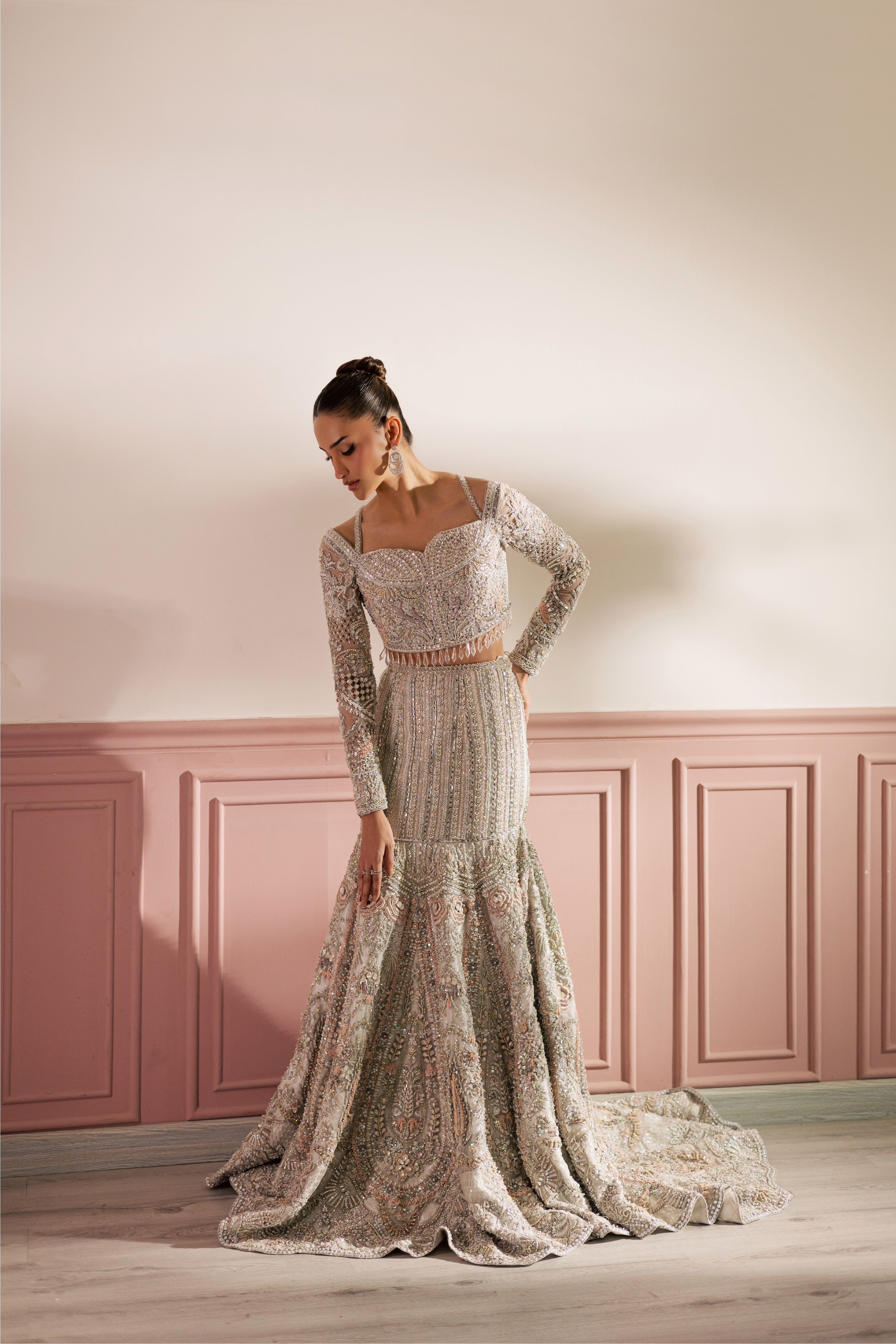 White Vanya luxury bridal mermaid lehenga with heavy embellishment - Mysie By Tahira.