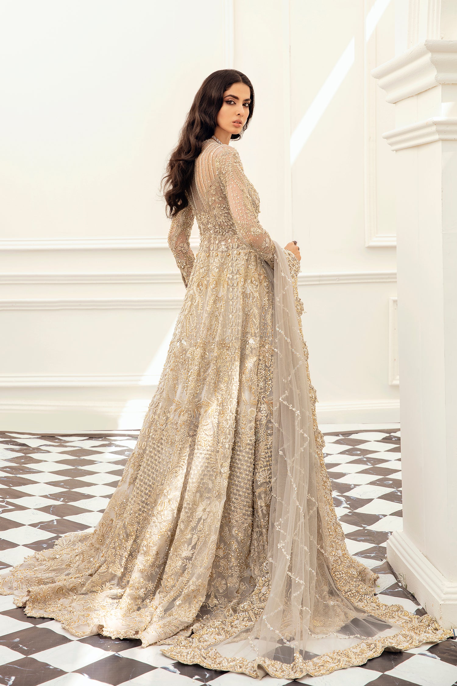 Amber bridal dress grey organza gown with Mughal-inspired embroidery – Pakistani luxury bridal fashion.