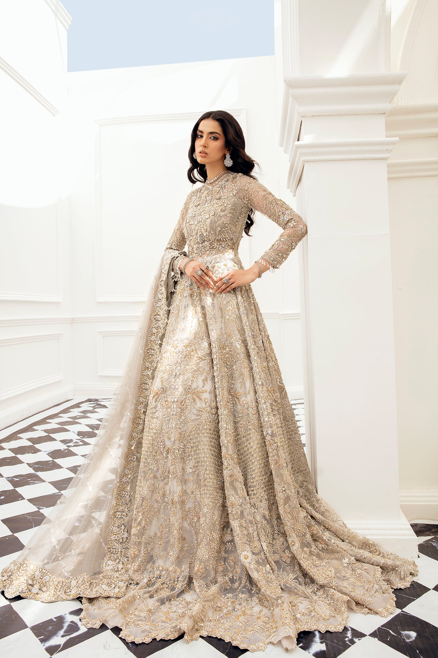 Amber bridal dress grey organza gown with Mughal-inspired embroidery – Pakistani luxury bridal fashion.