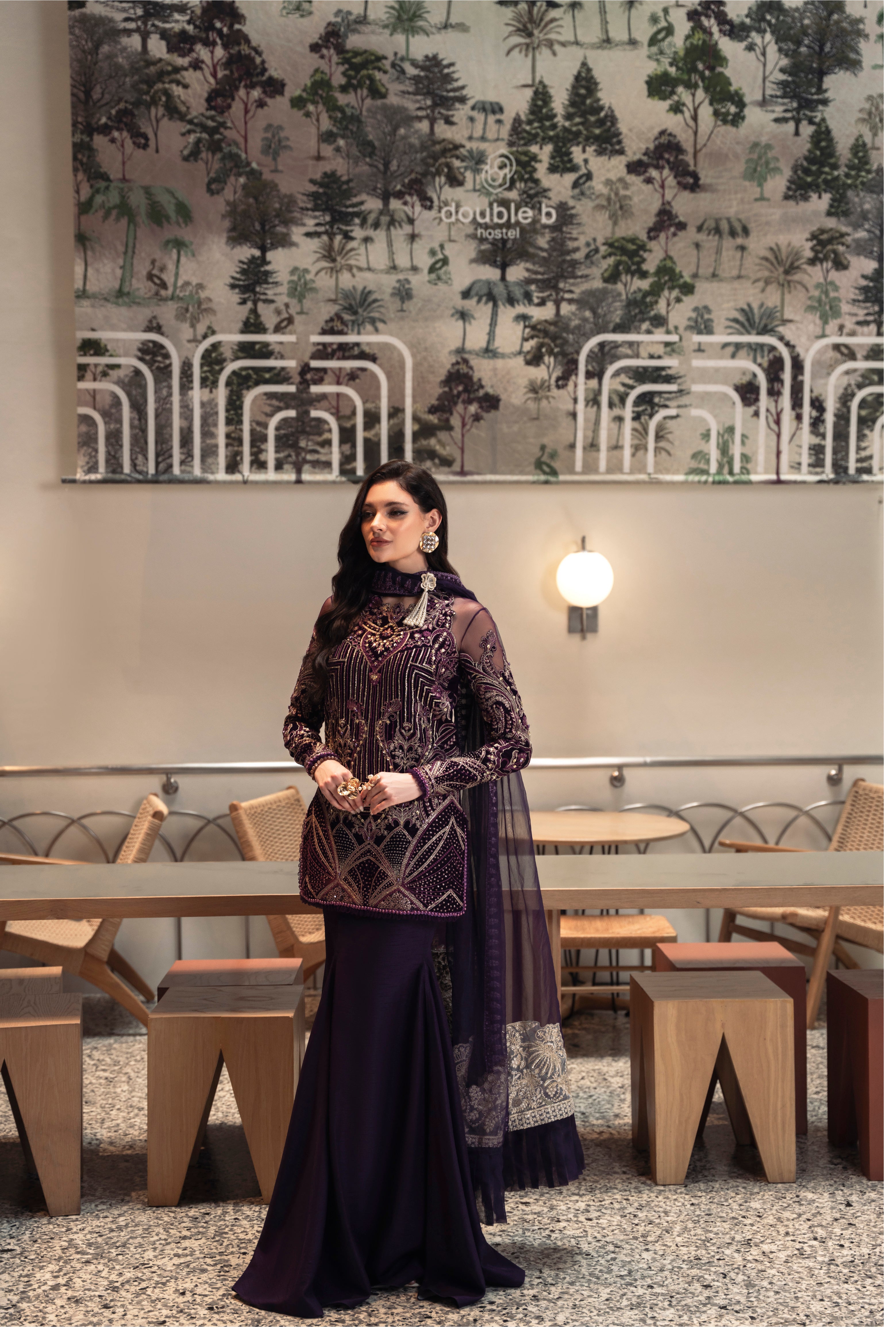 Talia Velvet Shirt & Raw Silk Pant Dress by Mysie by Tahira – Purple Velvet Pakistani Designer Dress
