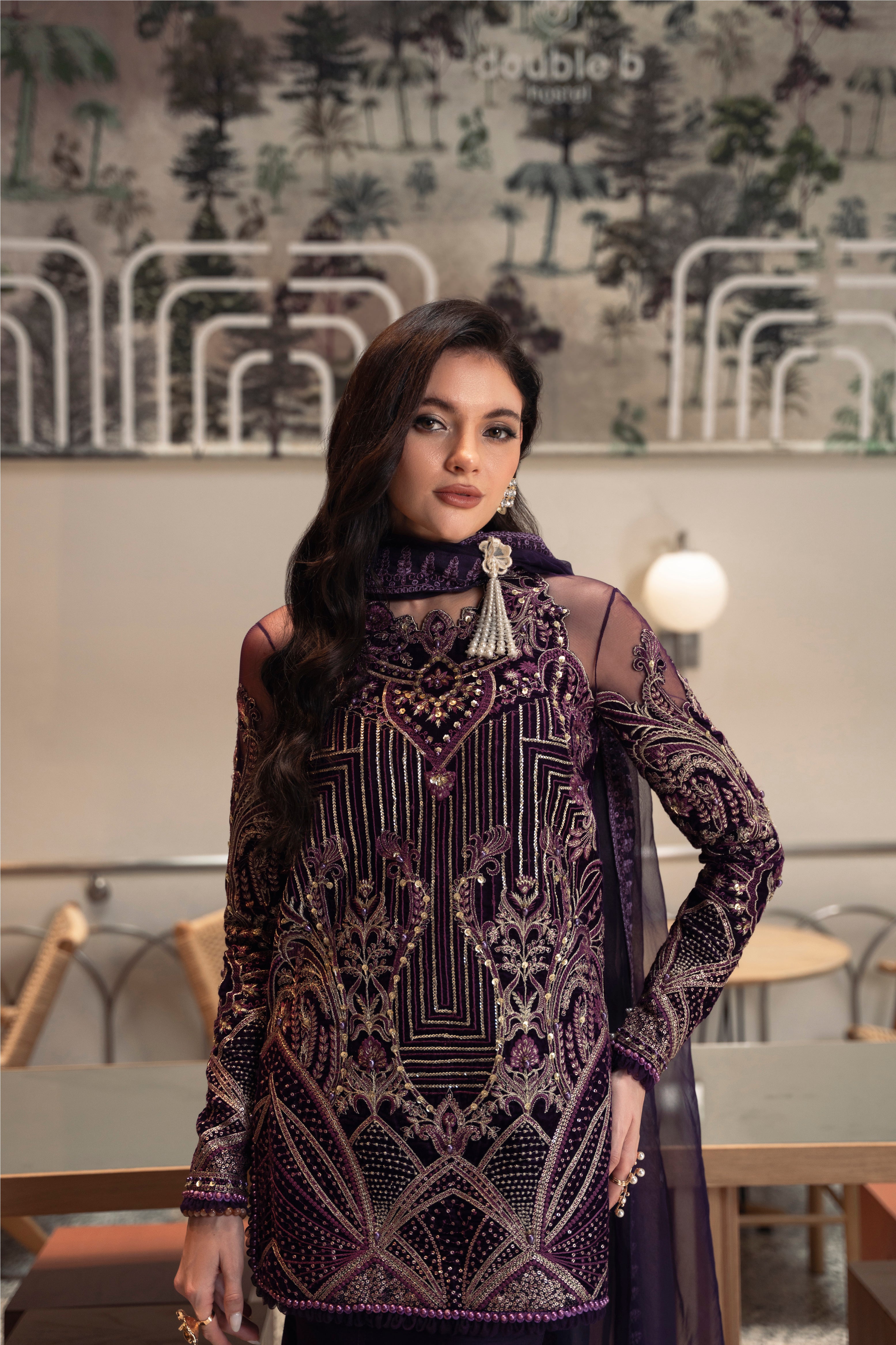 Talia Velvet Shirt & Raw Silk Pant Dress by Mysie by Tahira – Purple Velvet Pakistani Designer Dress