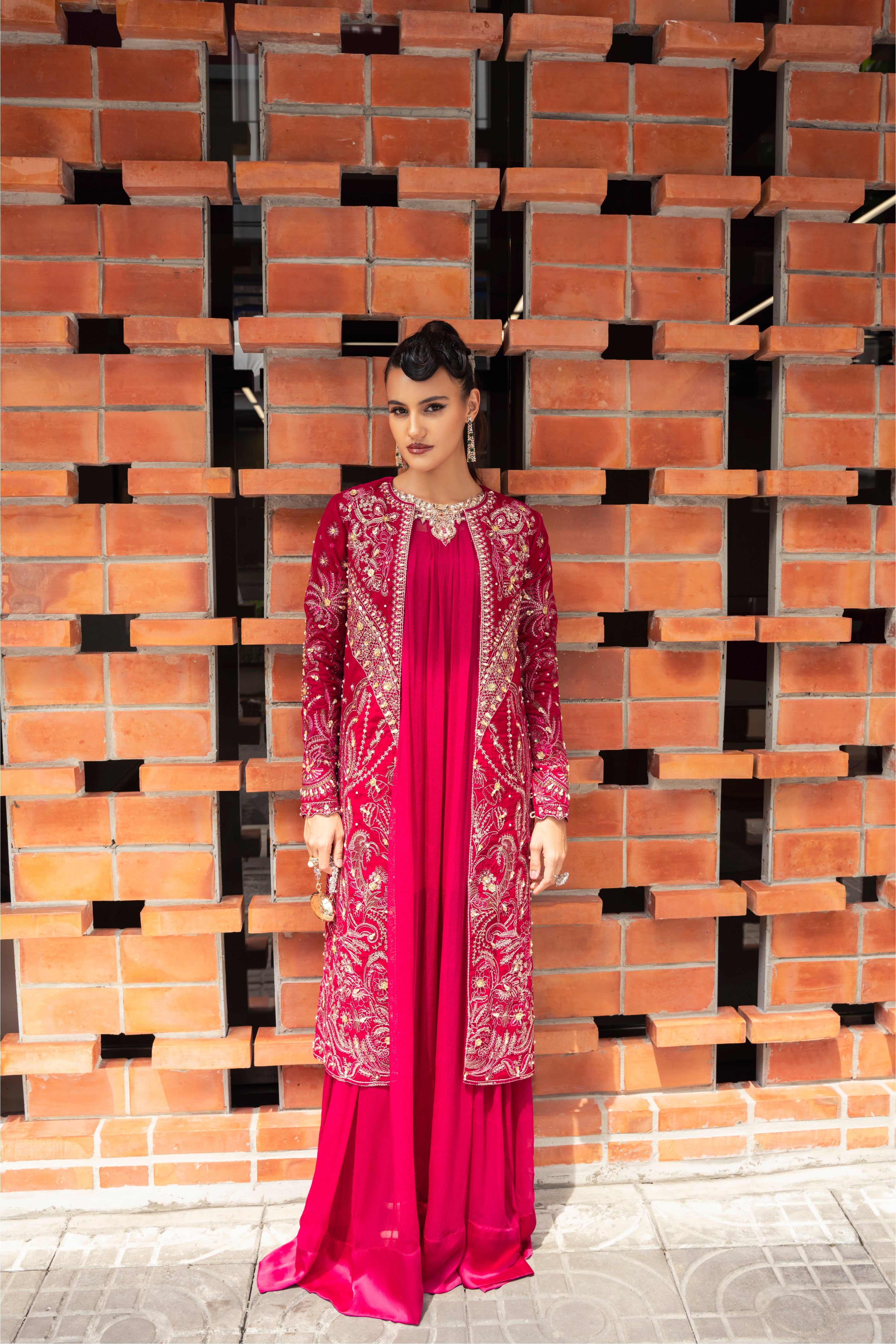 Eve Velvet Jacket & Chiffon Inner Set by Mysie by Tahira - Fuchsia Velvet Designer Jacket
