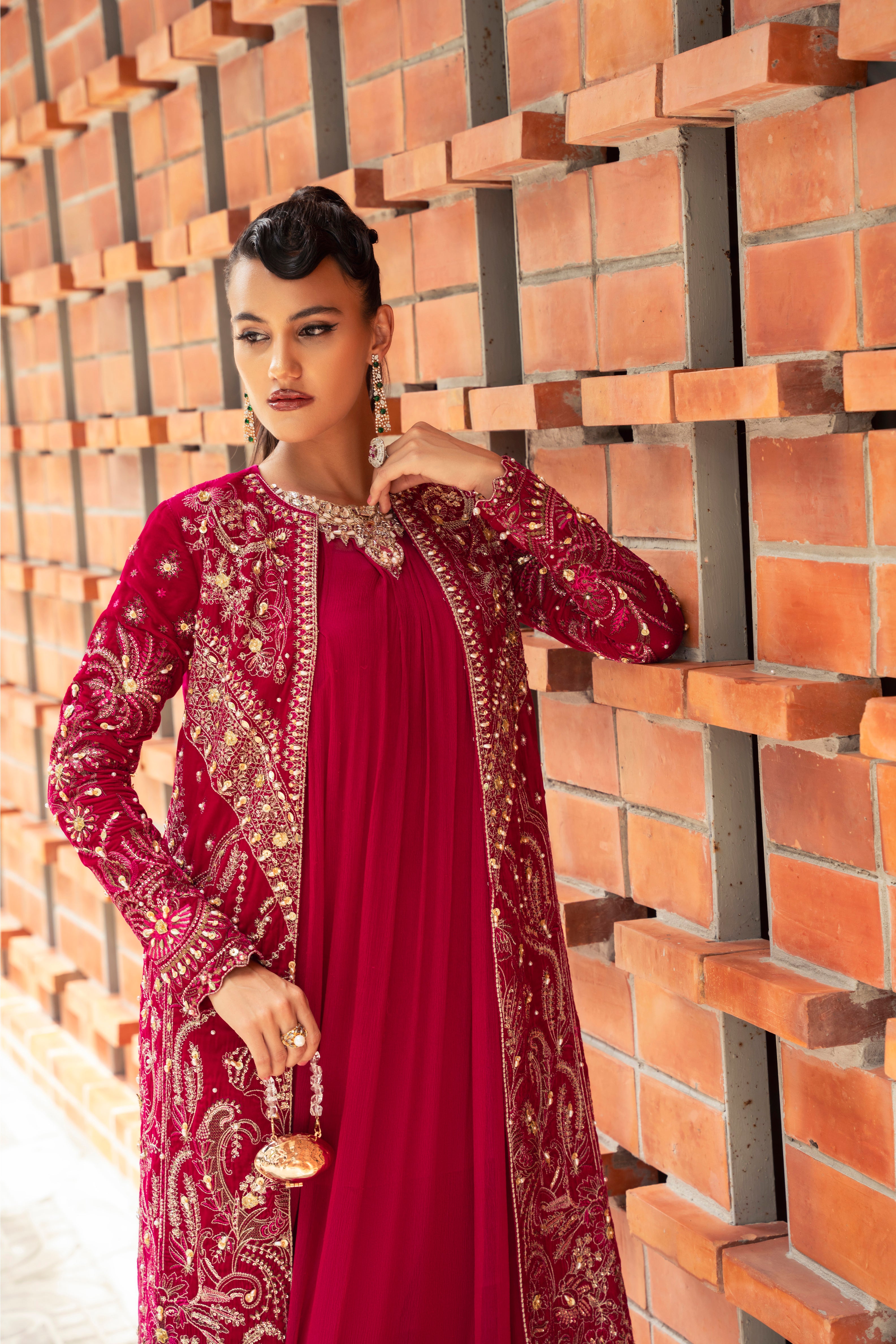 Eve Velvet Jacket & Chiffon Inner Set by Mysie by Tahira - Fuchsia Velvet Designer Jacket