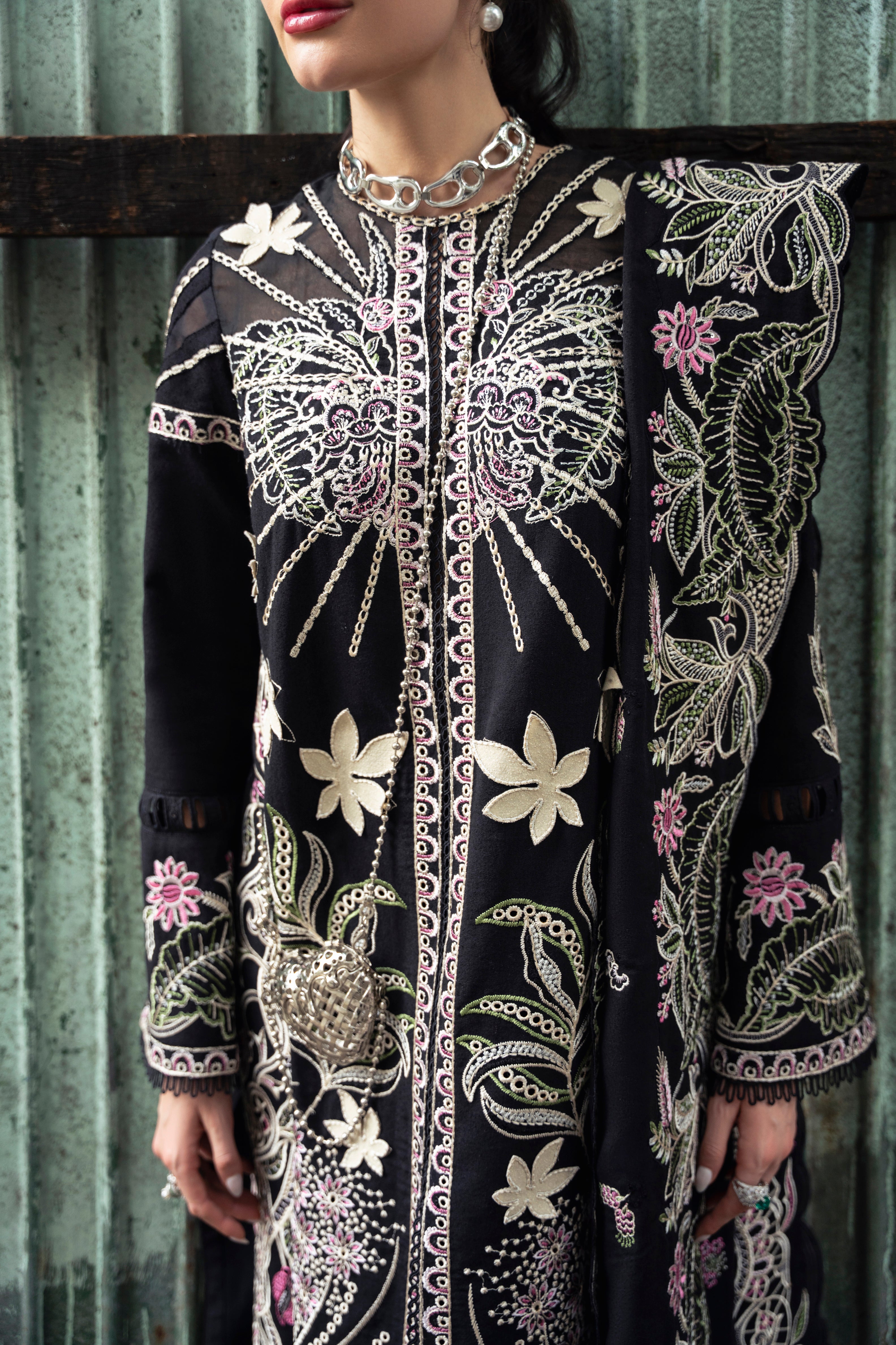 Luna embroidered luxury pret 3-piece outfit with lace sleeve detailing