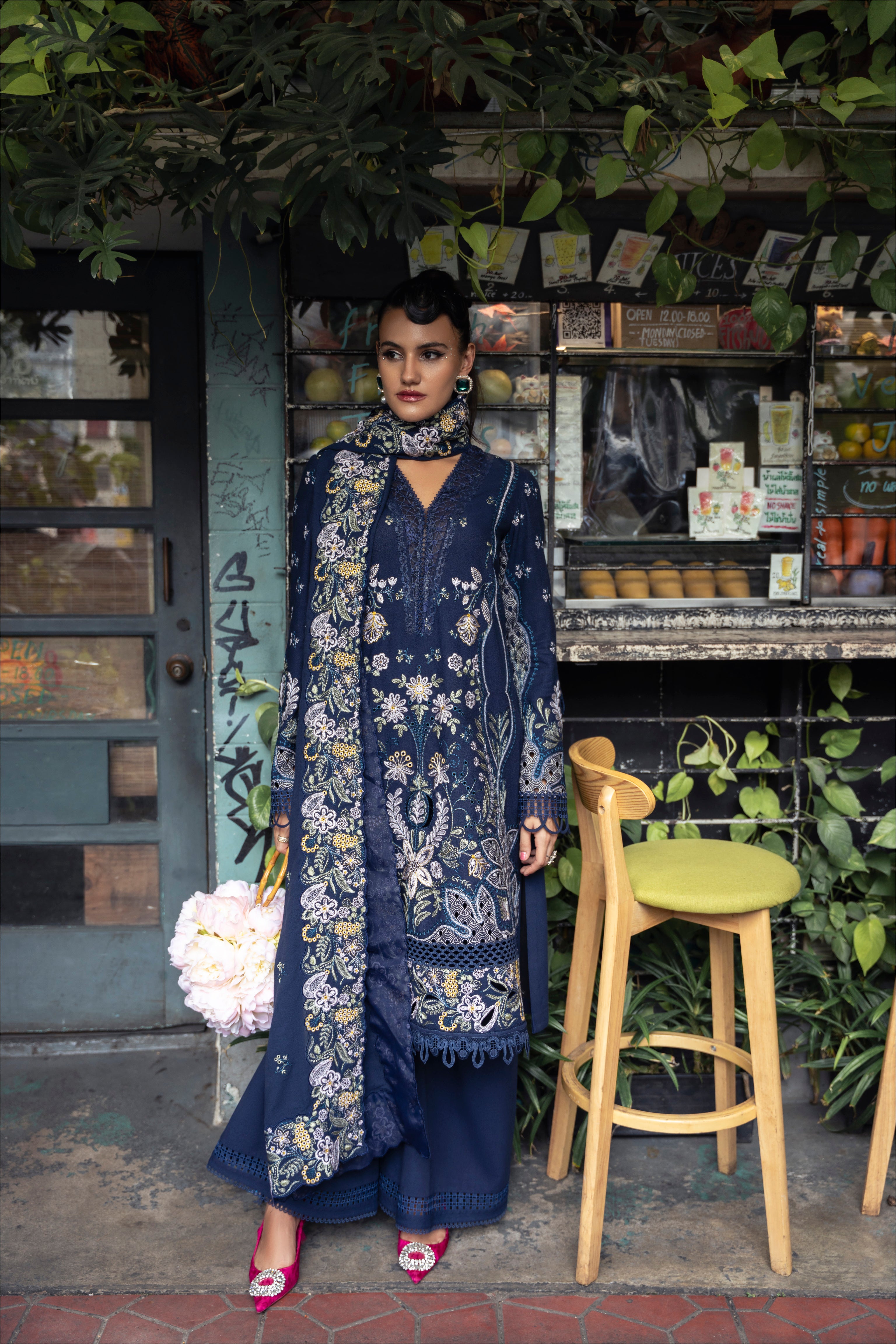 Mysie by Tahira Merida navy karandi outfit with silver and mustard embroidery