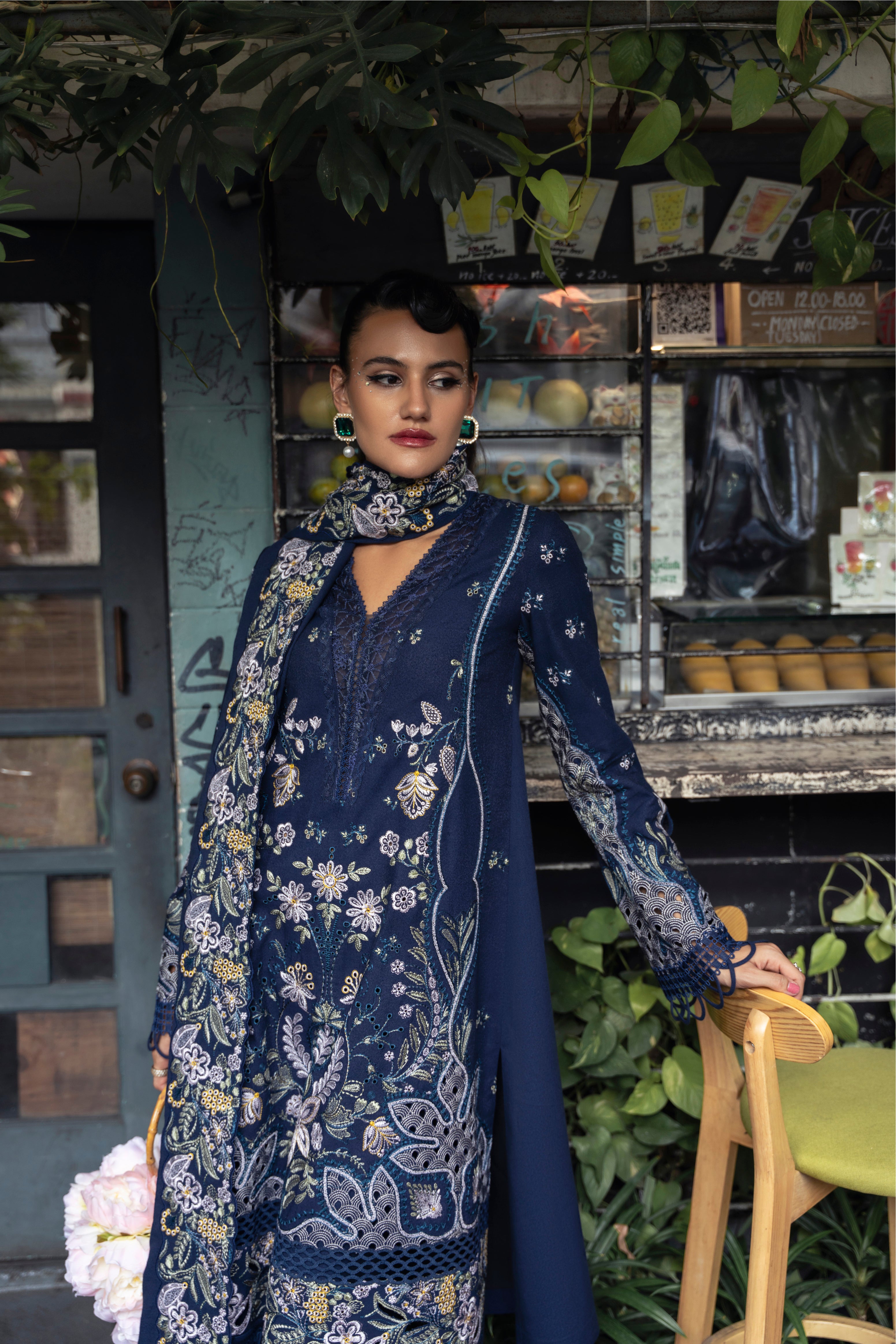 Mysie by Tahira Merida navy karandi outfit with silver and mustard embroidery