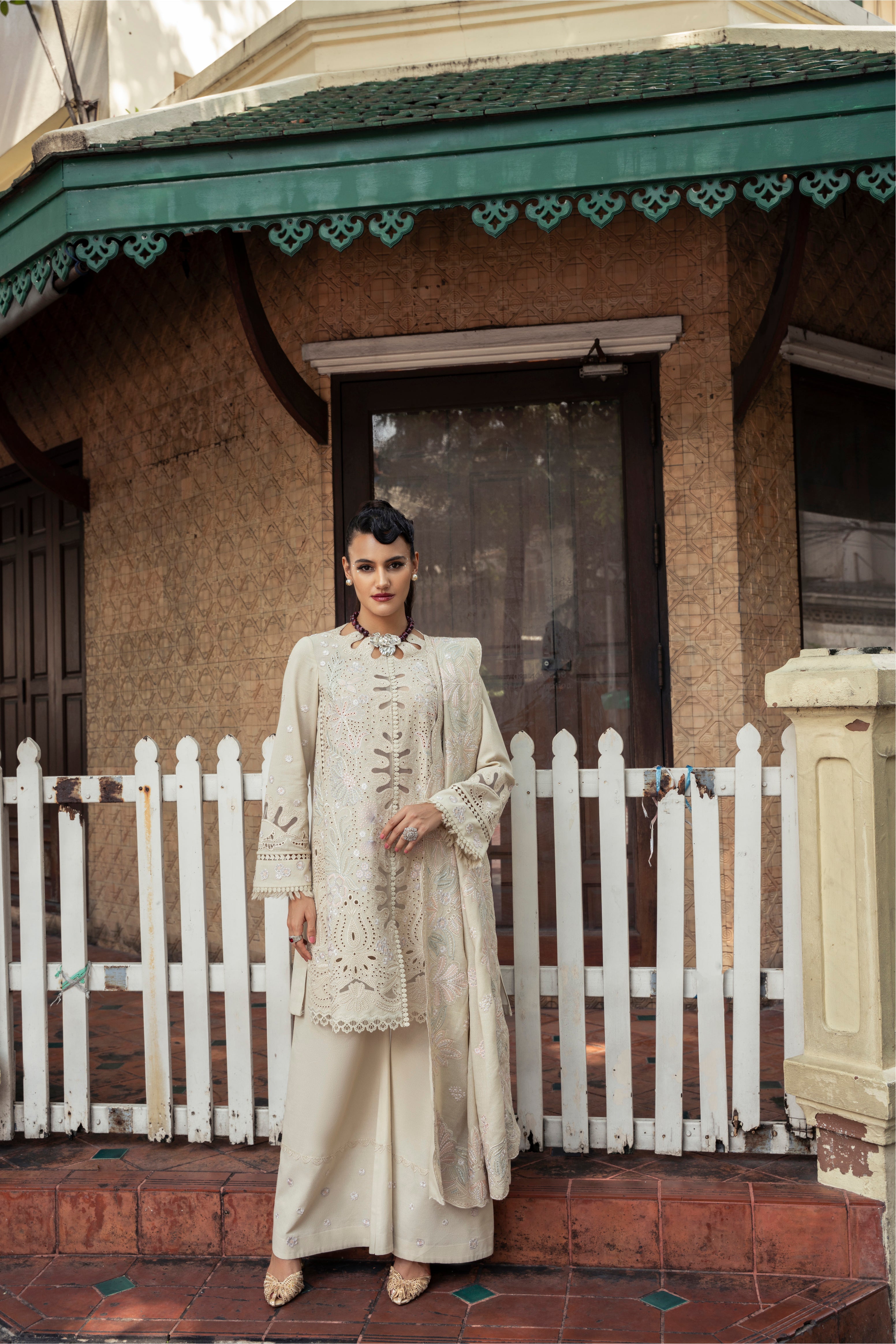 Mysie by Tahira Moana beige karandi outfit with pastel embroidery