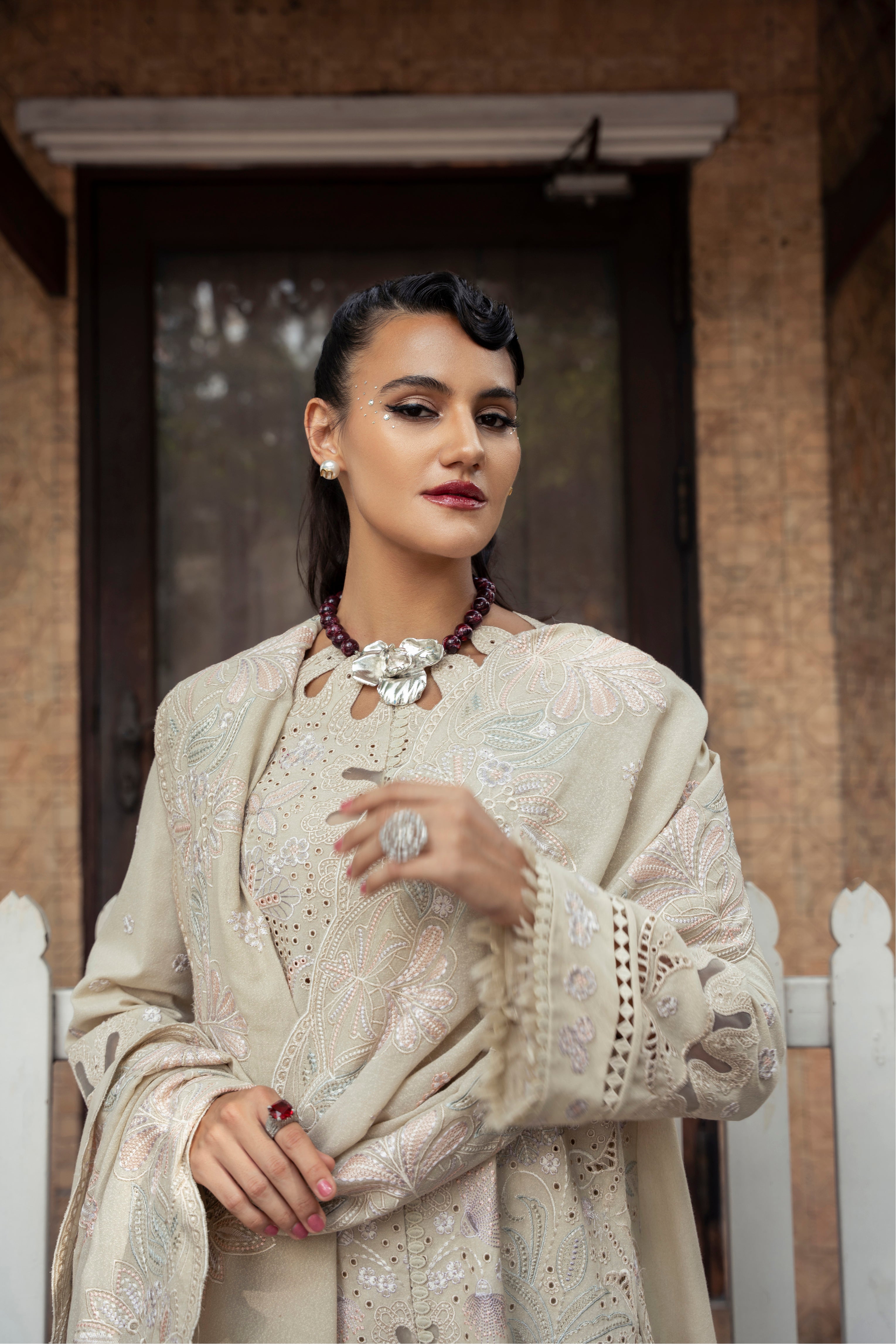 Mysie by Tahira Moana beige karandi outfit with pastel embroidery