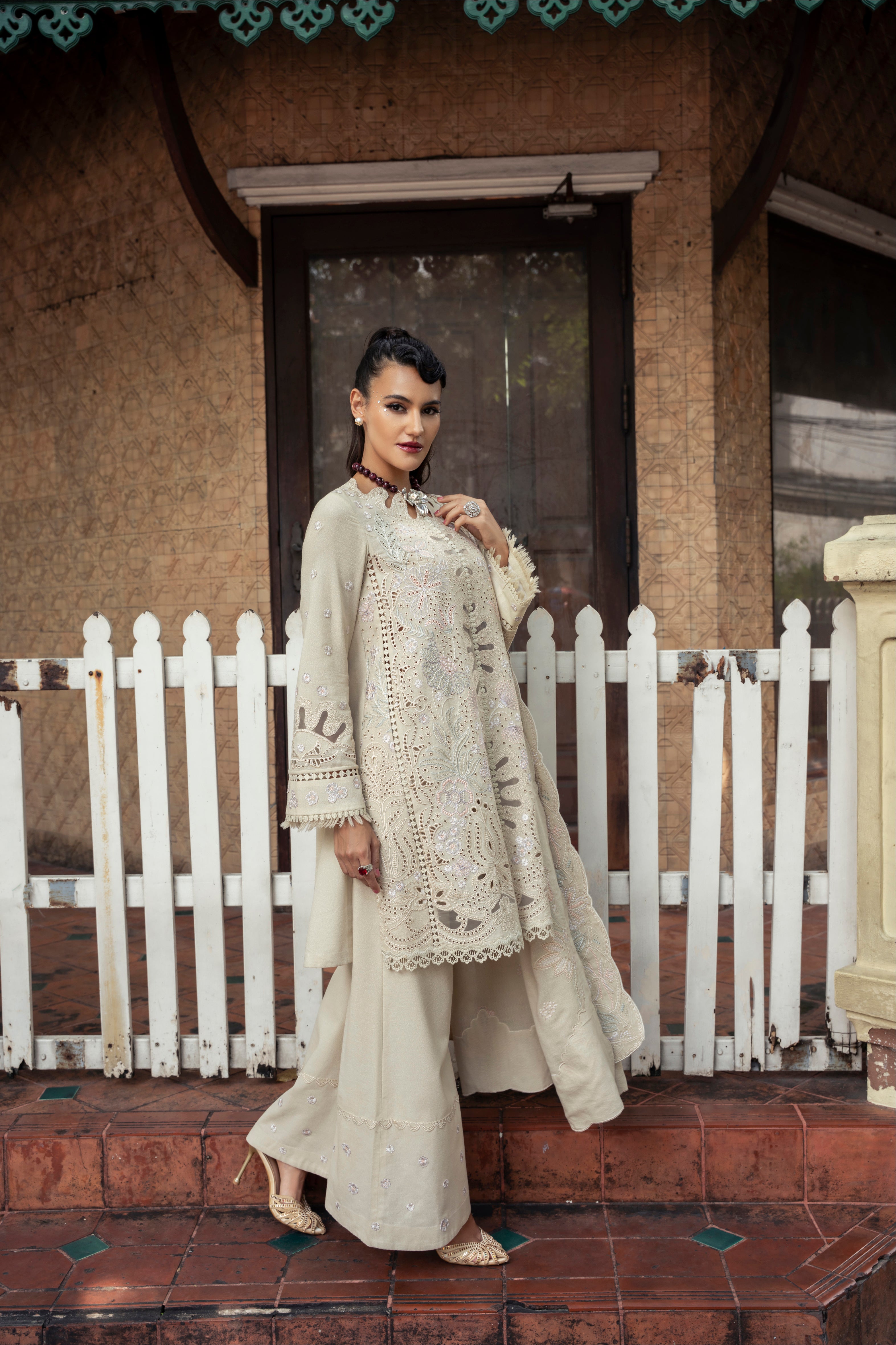 Mysie by Tahira Moana beige karandi outfit with pastel embroidery